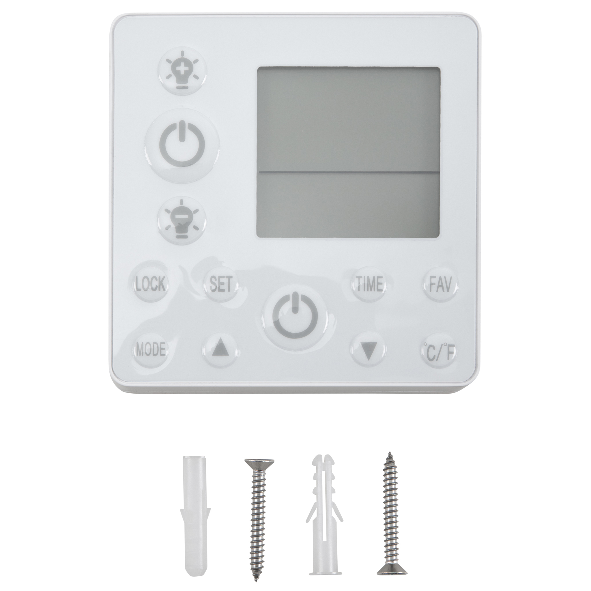 Ein weißer digitaler Thermostat mit LCD-Display und Bedientasten sowie vier Montageschrauben und Dübeln.
