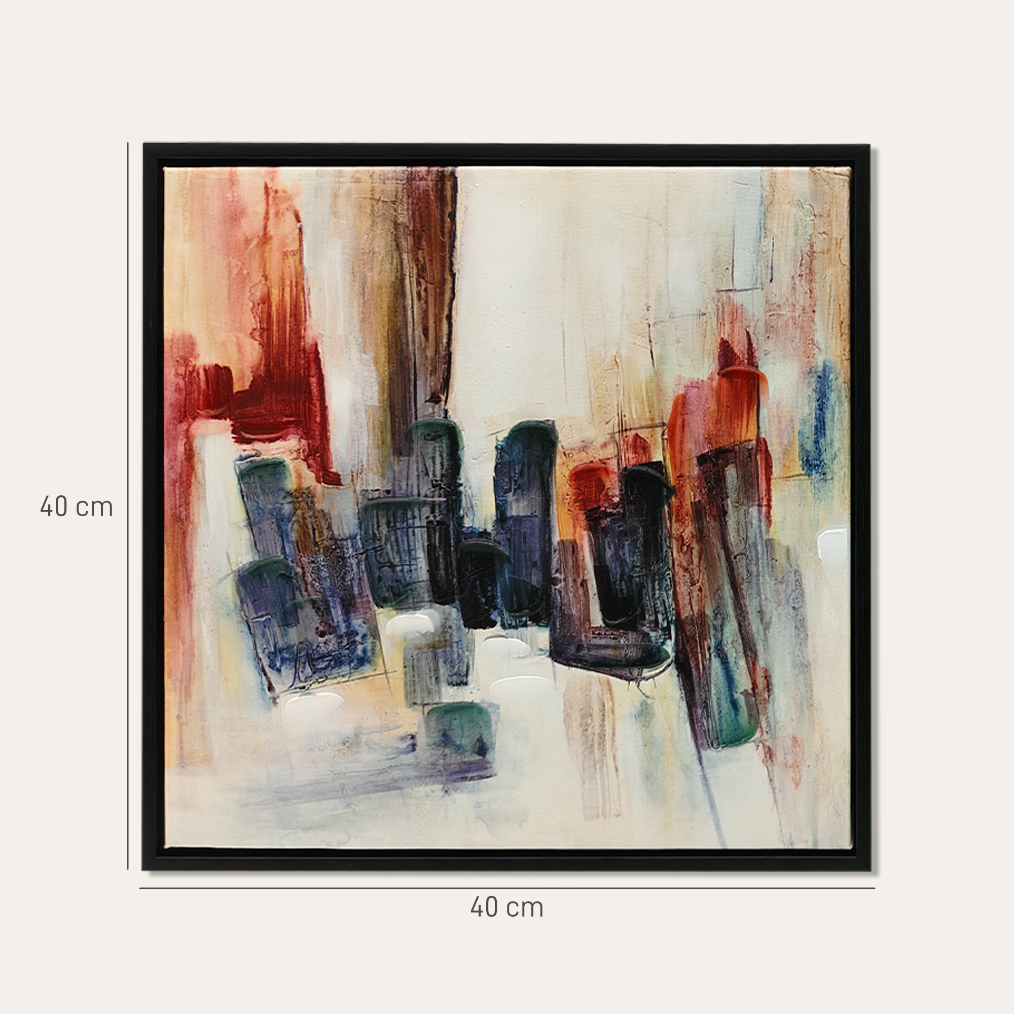 Una pintura abstracta con trazos verticales en rojo, marrón y azul oscuro en un marco negro, de 40 por 40 cm.