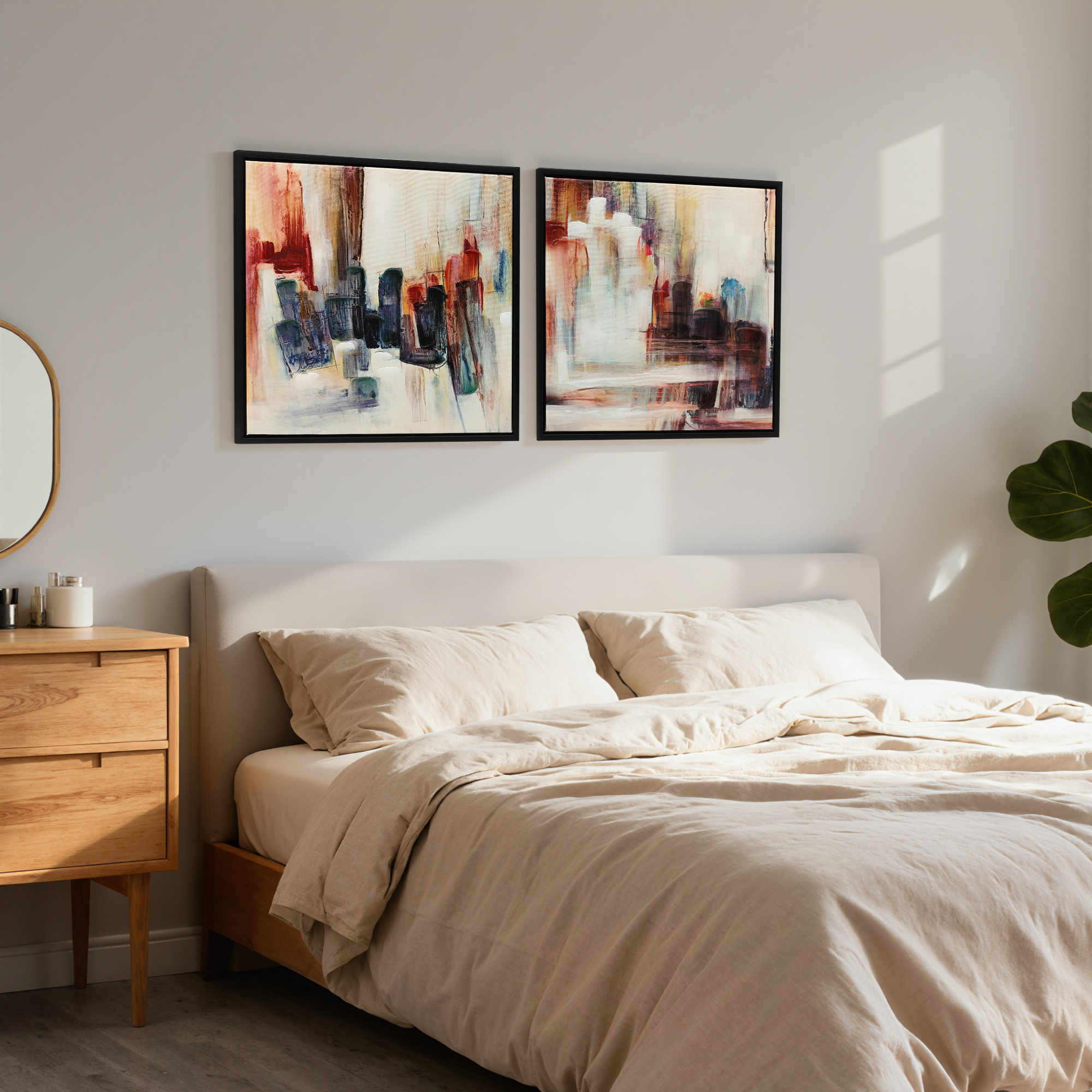 Un dormitorio acogedor con cama beige, mesita de noche y dos pinturas abstractas en la pared.