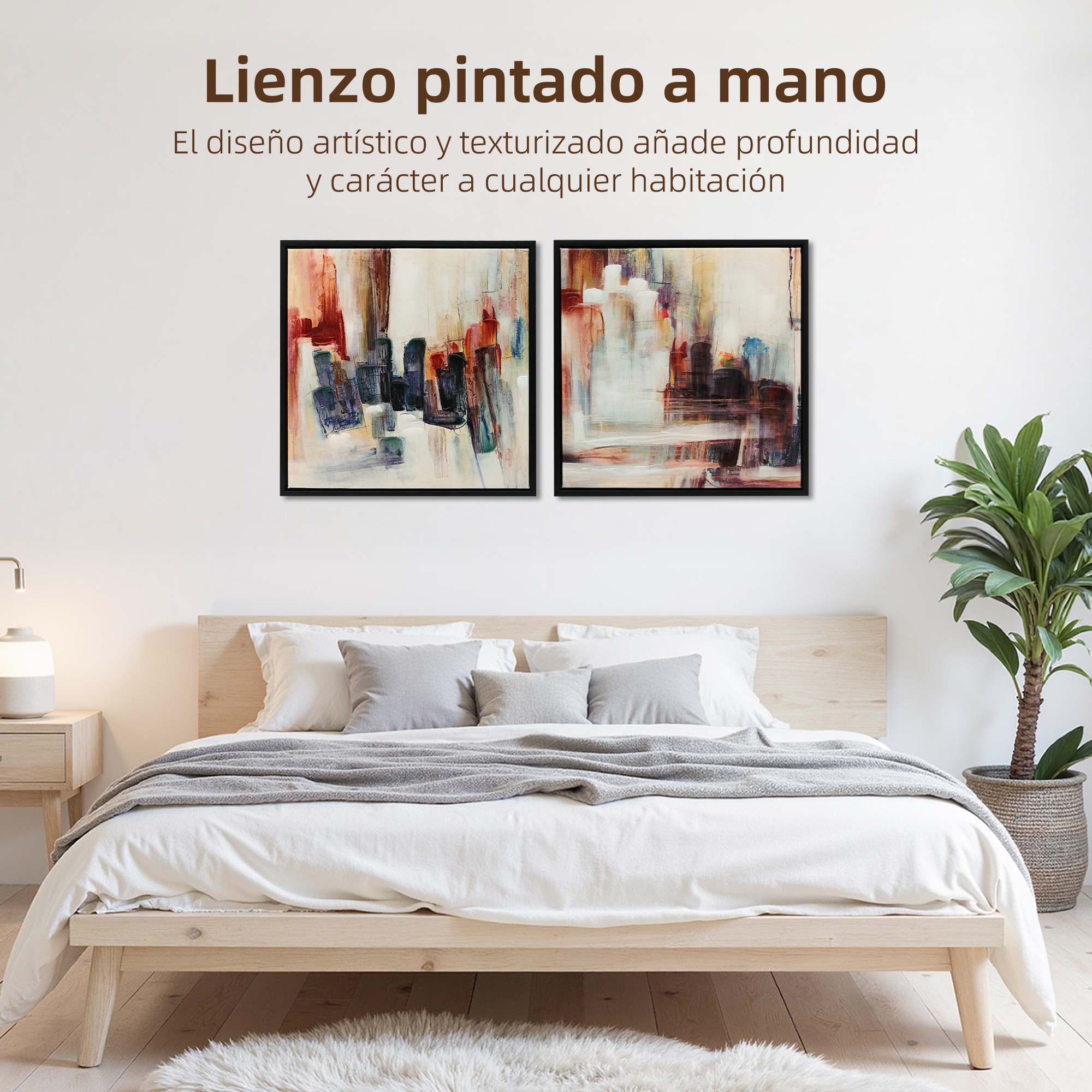 Un dormitorio minimalista con cama de madera, dos cuadros abstractos en la pared, ropa de cama gris y una planta en maceta.