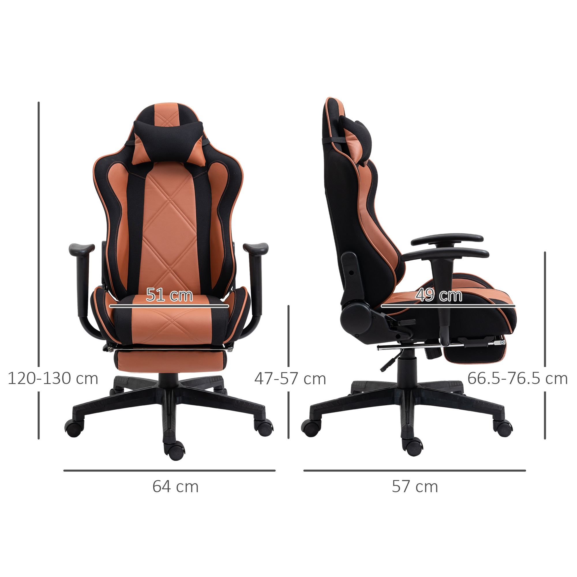 Vista frontale e laterale di una sedia da gioco marrone e nera con dimensioni.