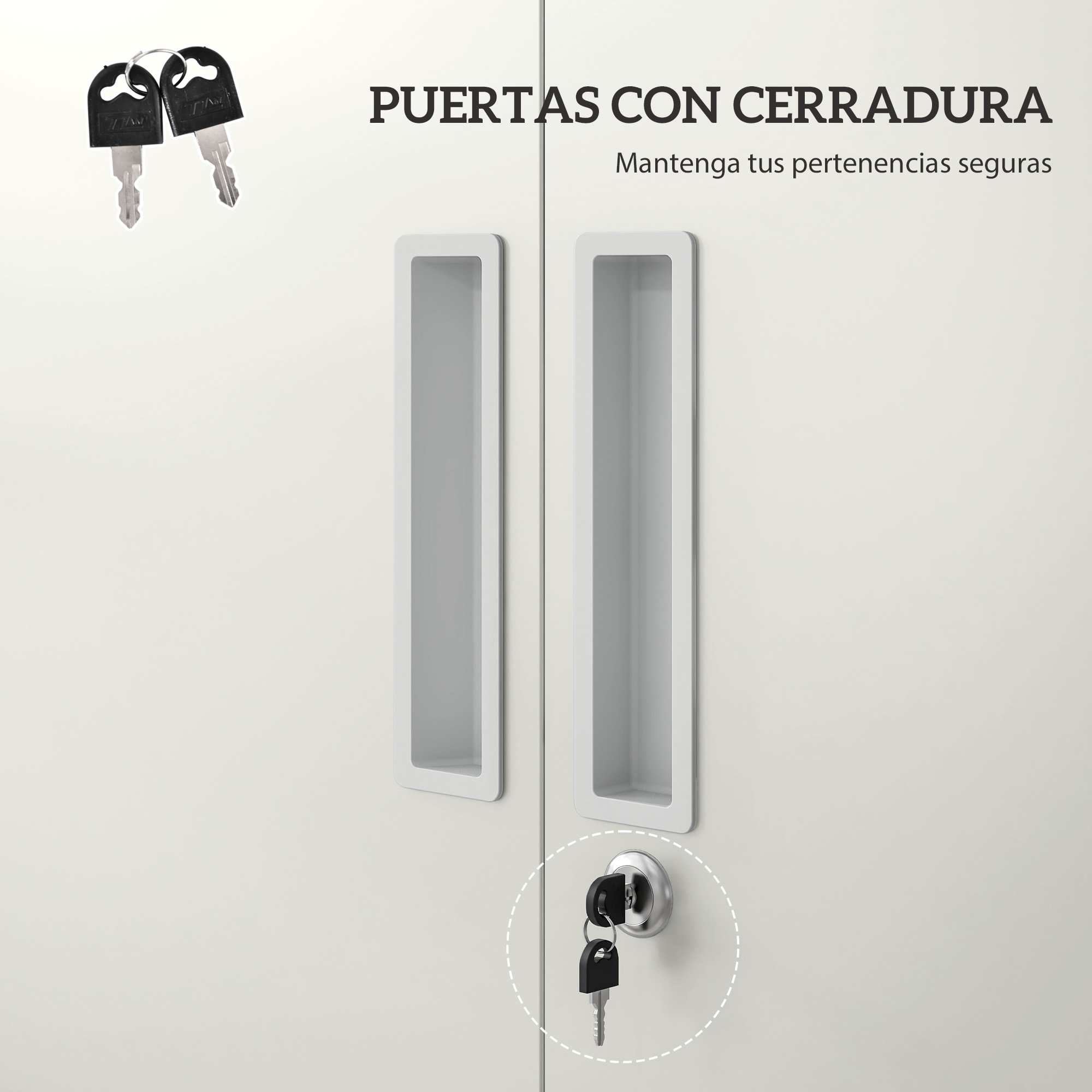 Puertas de armario blancas con tiradores, llaves y texto.