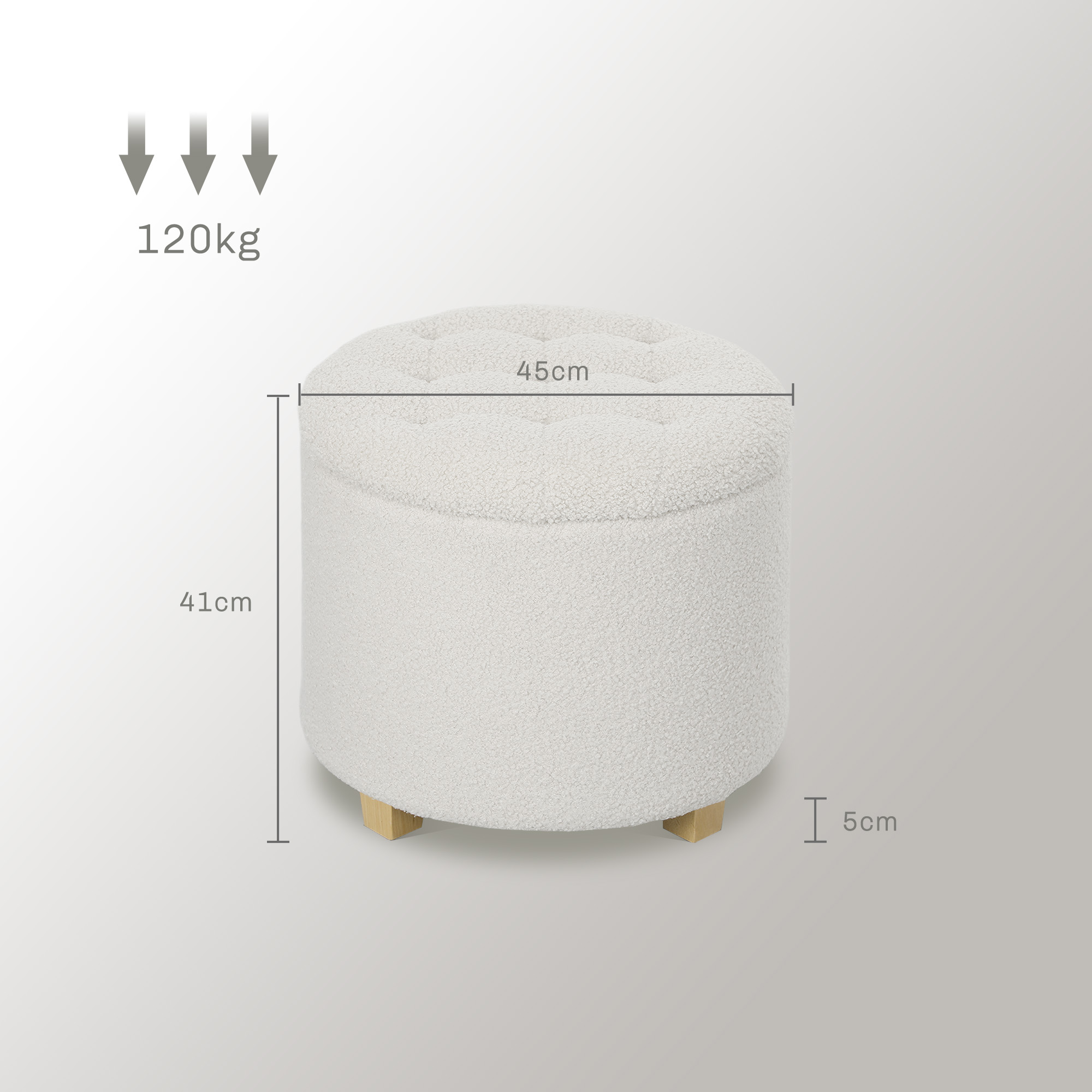 Puf redondo blanco con botones, dimensiones y capacidad de 120 kg.