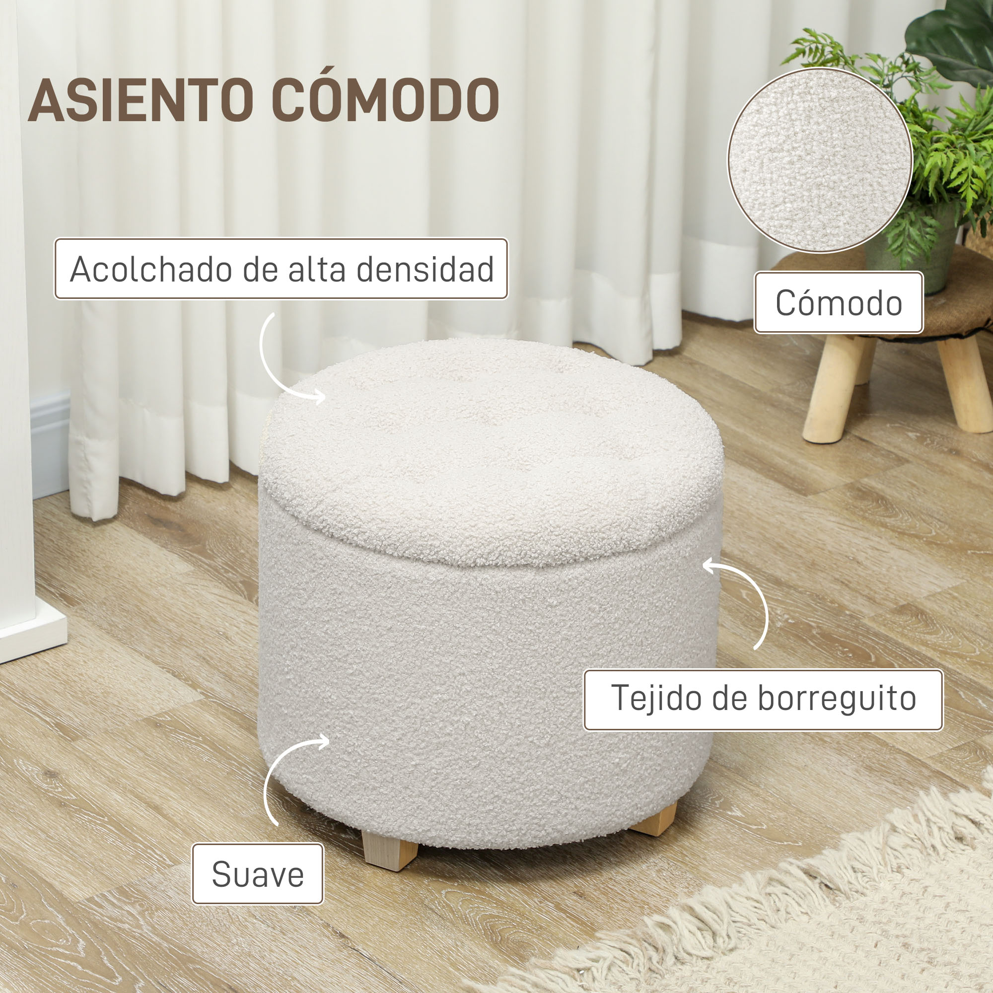Taburete redondo beige con borreguito en suelo de madera, con flechas apuntando a textos y detalles.