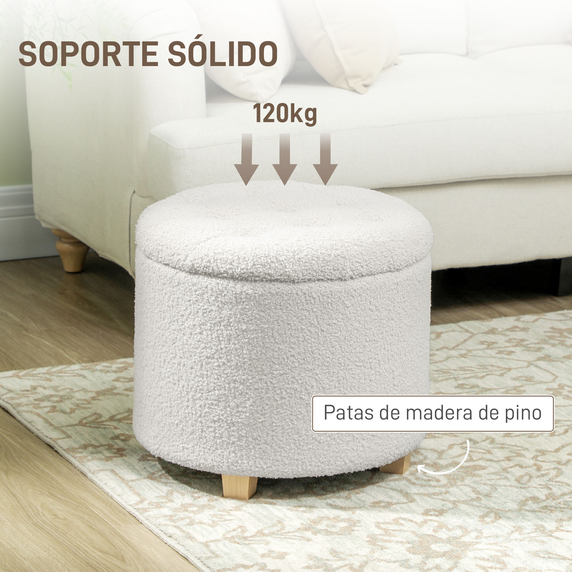 Puf redondo y esponjoso blanco sobre una alfombra estampada, con texto sobre soporte sólido y patas de pino.