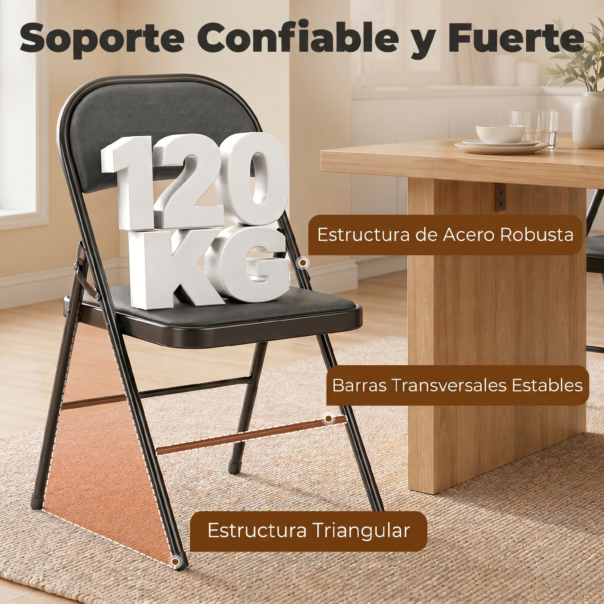 Silla plegable negra resistente con capacidad de 120 kg, estructura triangular y mesa de madera.