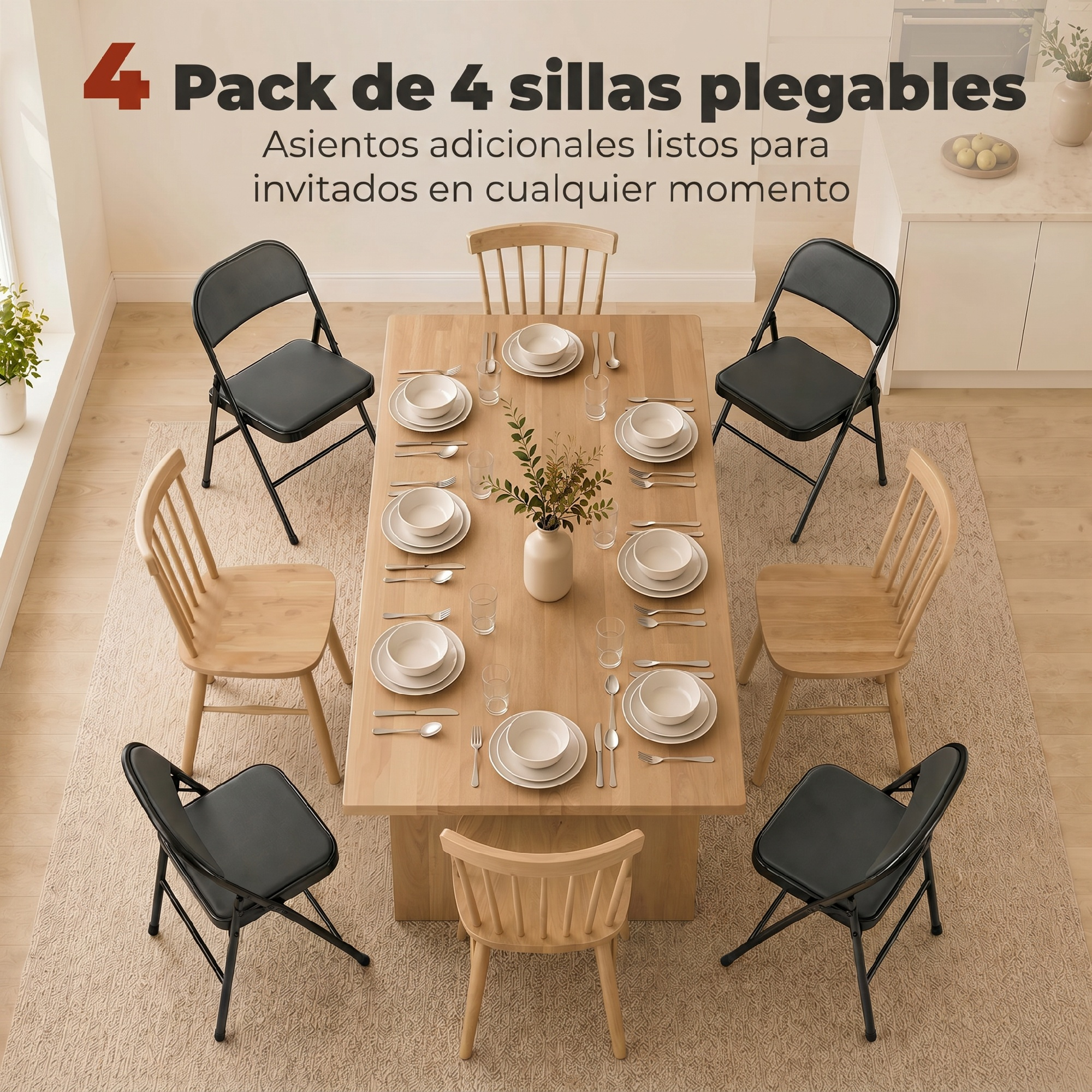 Mesa de comedor de madera con cuatro sillas plegables negras y cuatro sillas de madera.