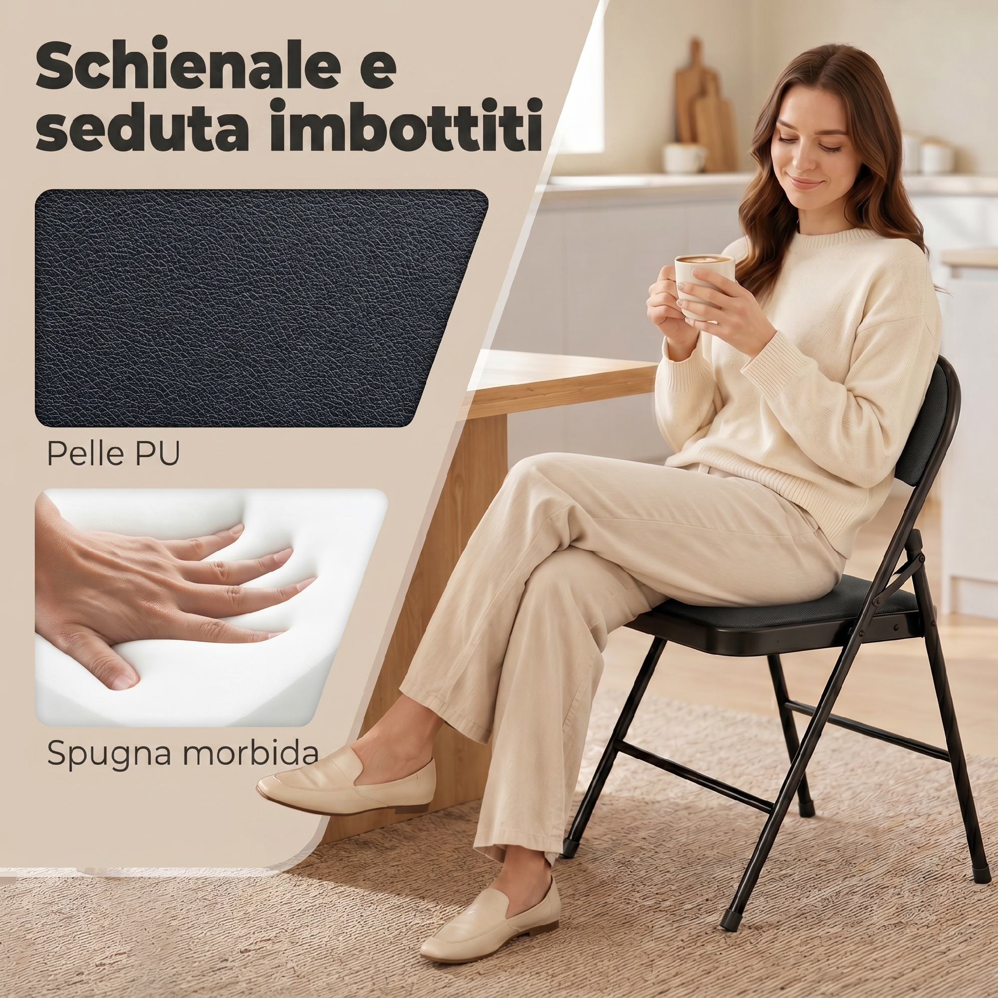 Una mujer se sienta en una silla plegable con una taza, junto a recortes de cuero PU y espuma.