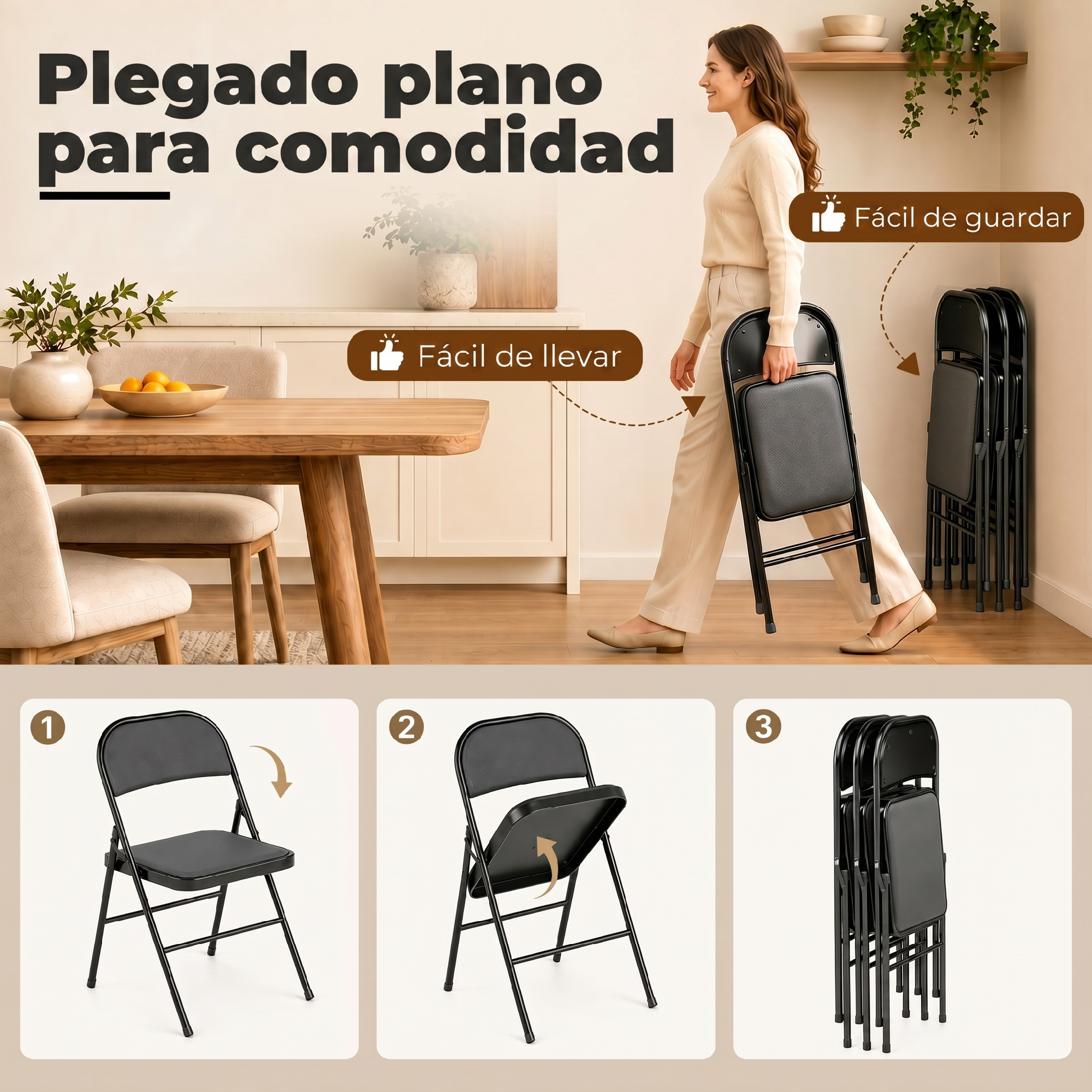 Una mujer cargando una silla plegable en la sala con instrucciones de tres pasos abajo.