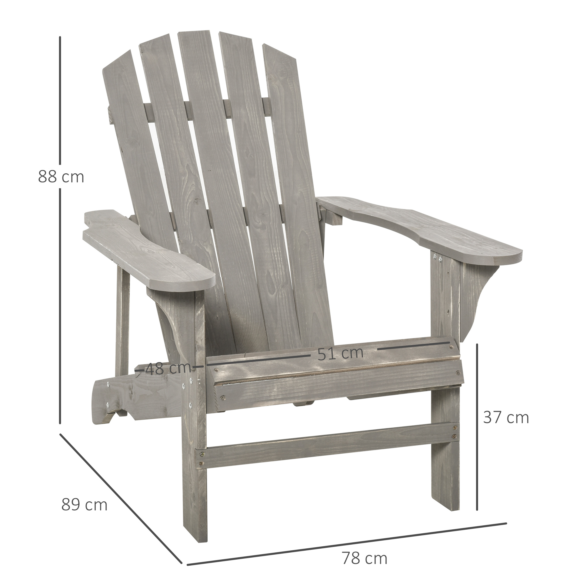 Silla de jardín de madera gris con dimensiones de altura, profundidad y ancho indicadas sobre fondo blanco.