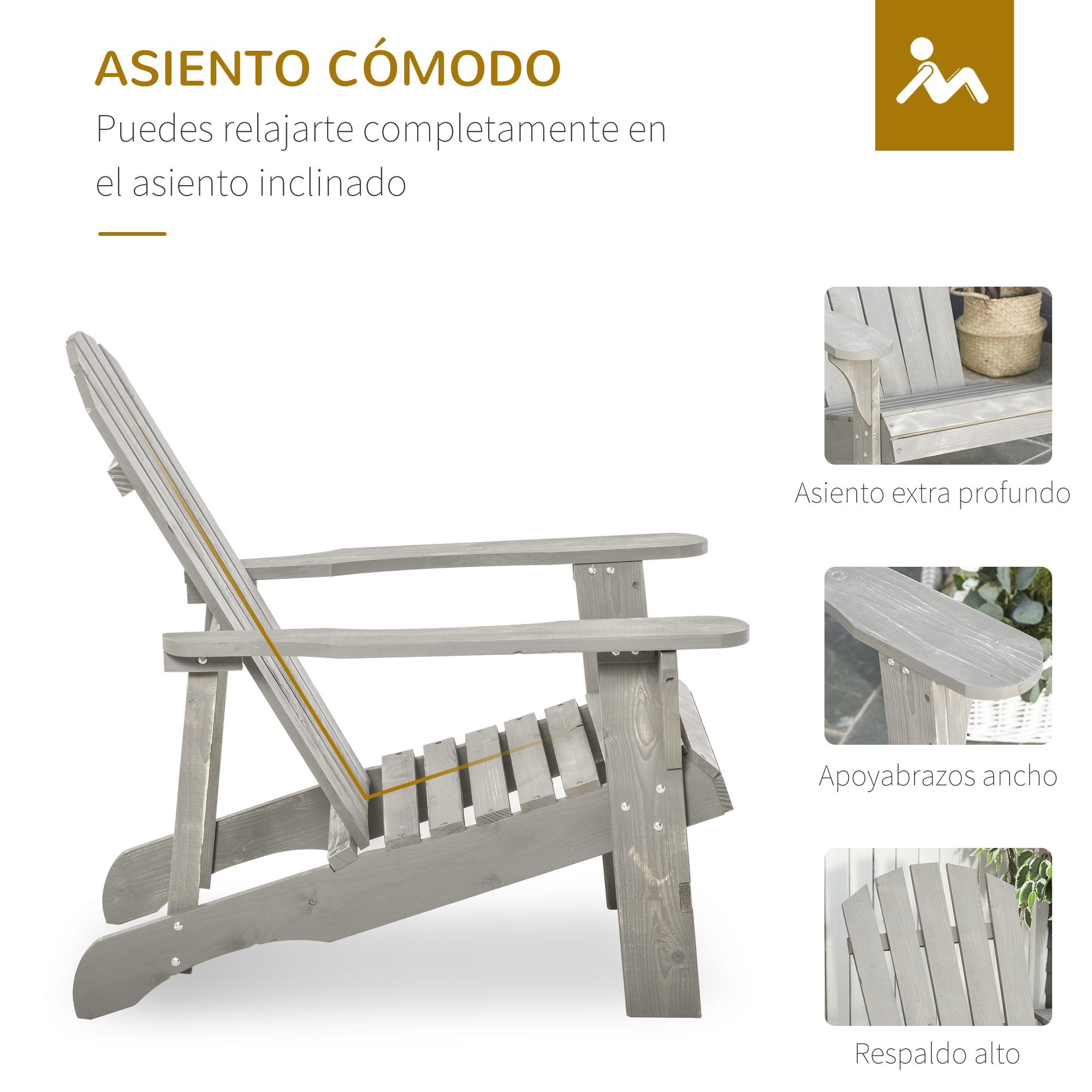 Silla de jardín de madera gris con asiento profundo, reposabrazos anchos y respaldo alto.