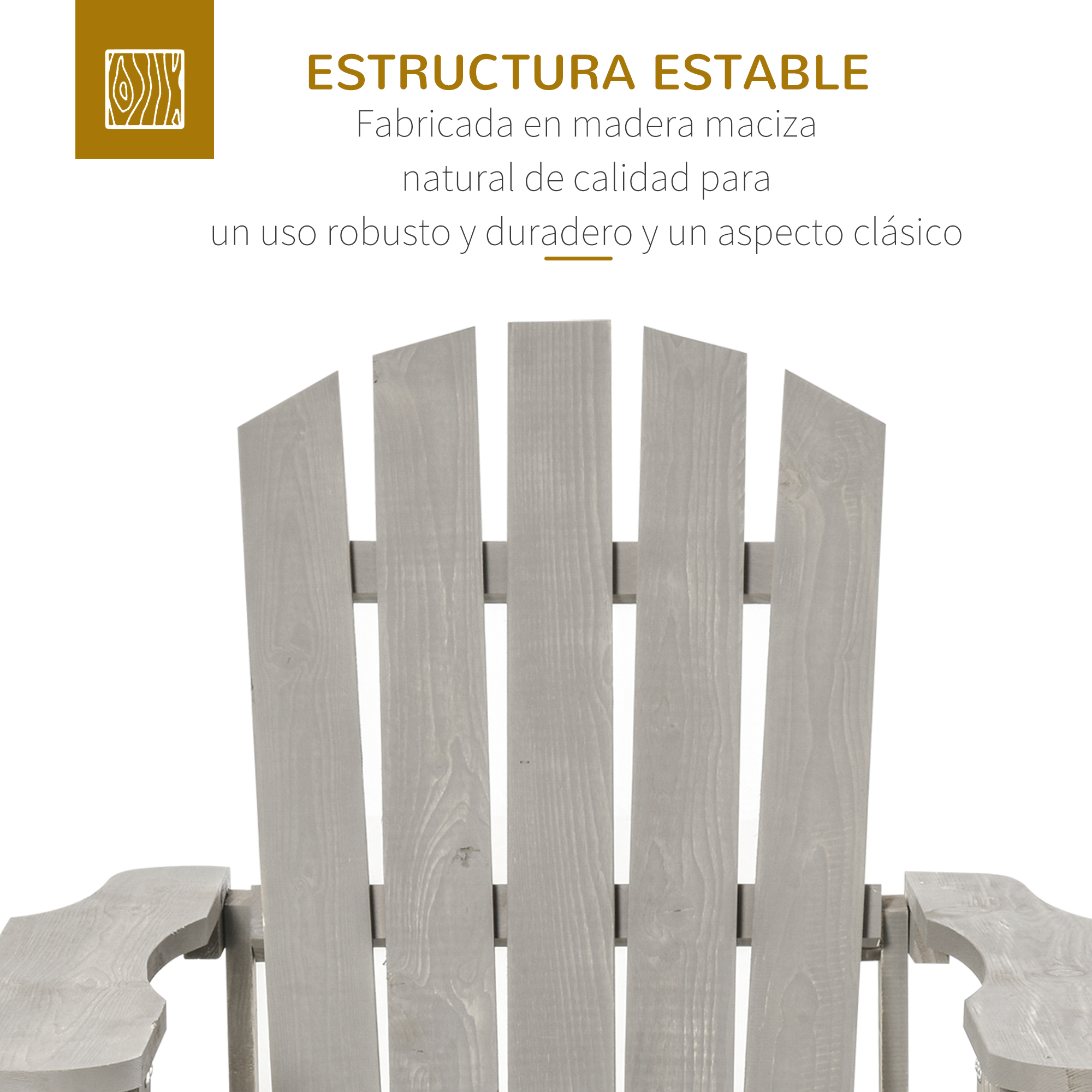 Primer plano del respaldo de un sillón de madera gris con texto arriba.
