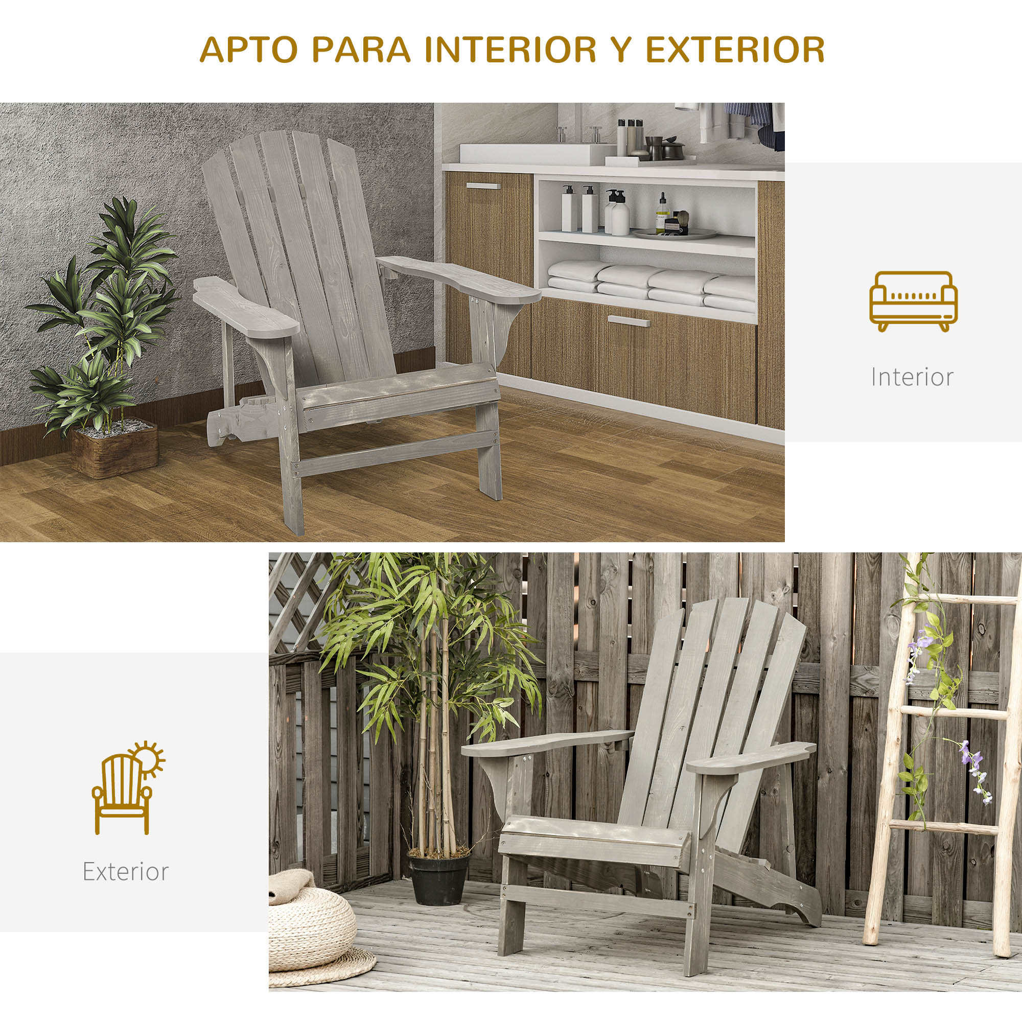 Silla de madera gris adecuada para interior y exterior, mostrada en diferentes ambientes con plantas.
