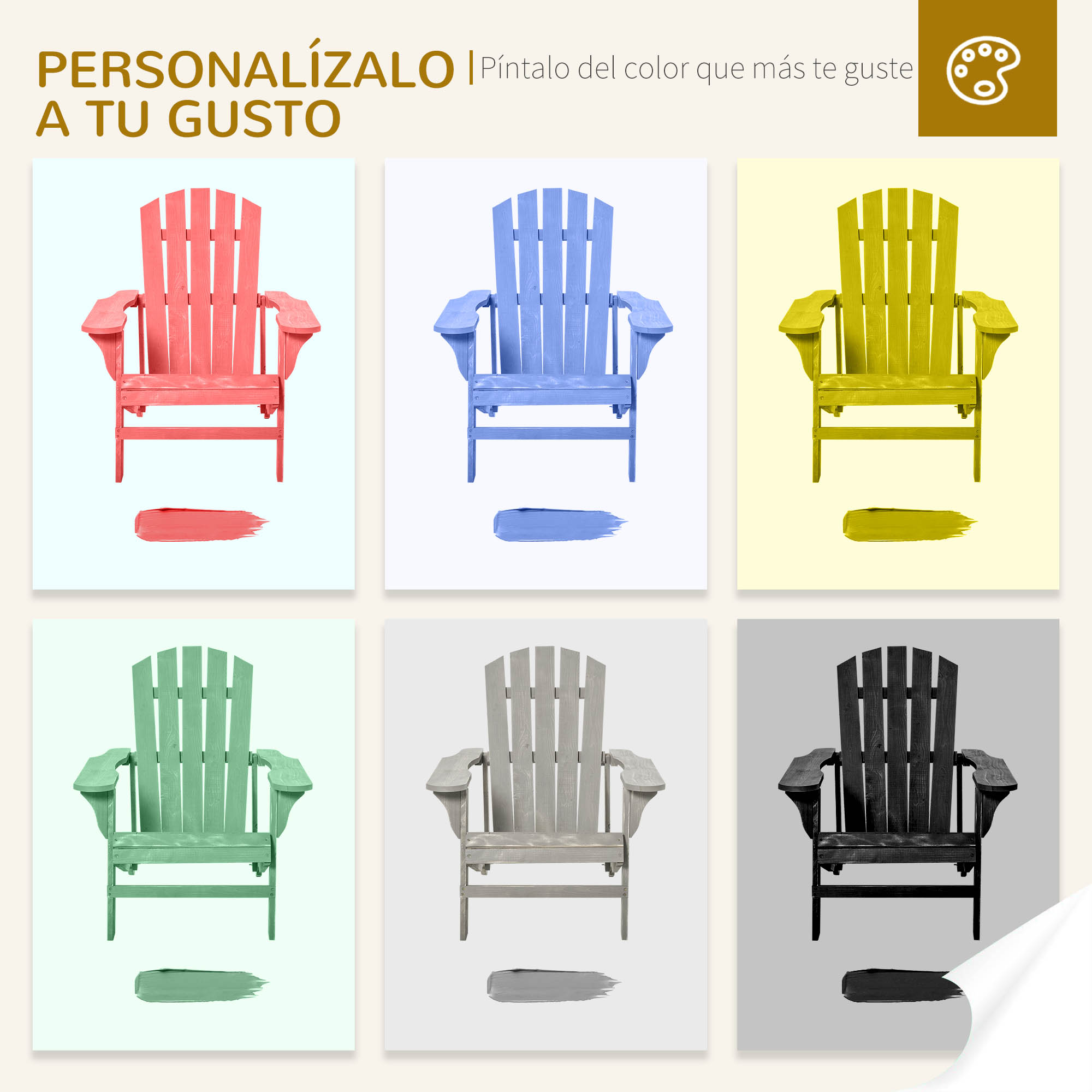 Seis sillas de jardín coloridas en rosa, azul, amarillo, verde, gris y negro sobre fondos de colores.