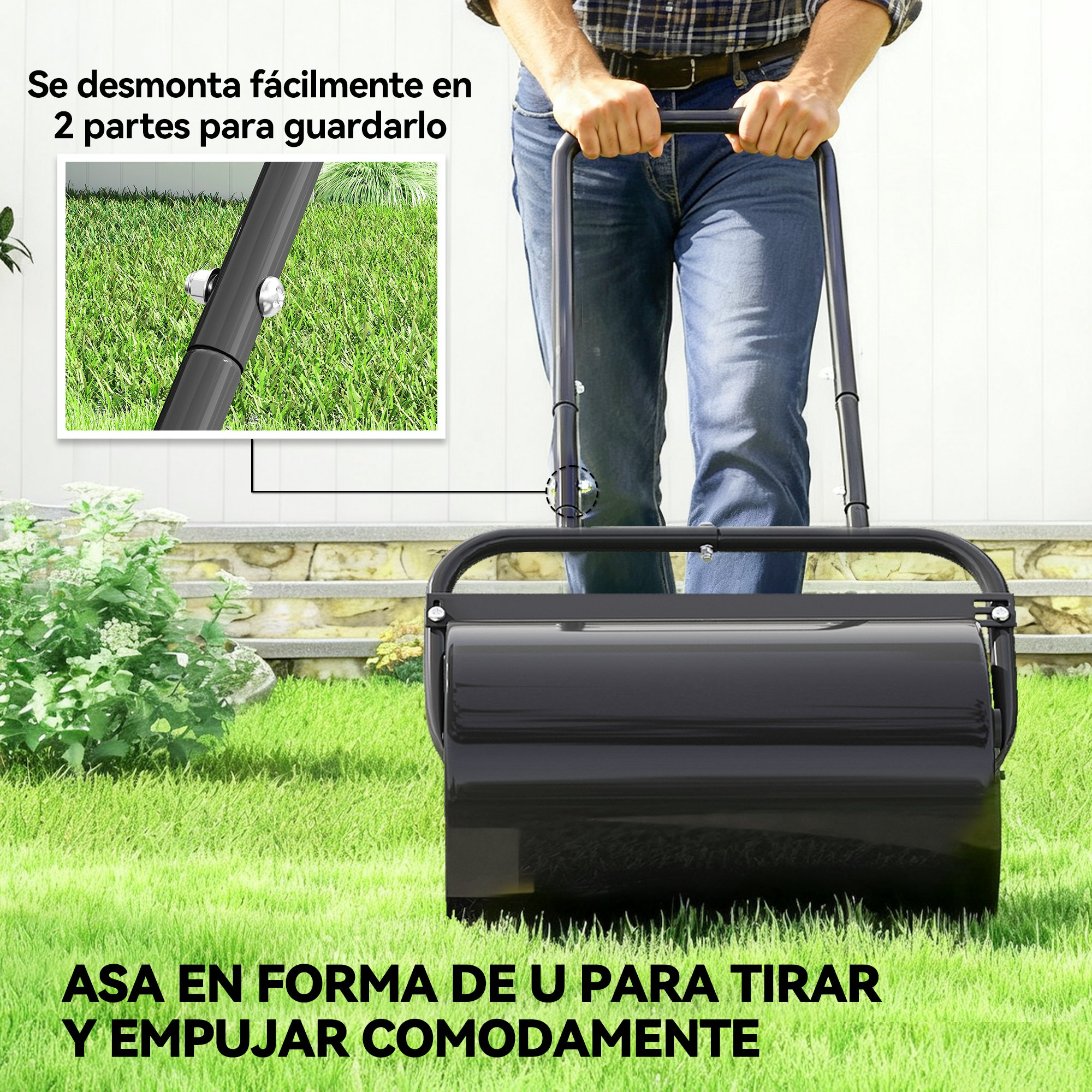 Una persona arrastra un rodillo de césped negro sobre hierba verde, con texto.