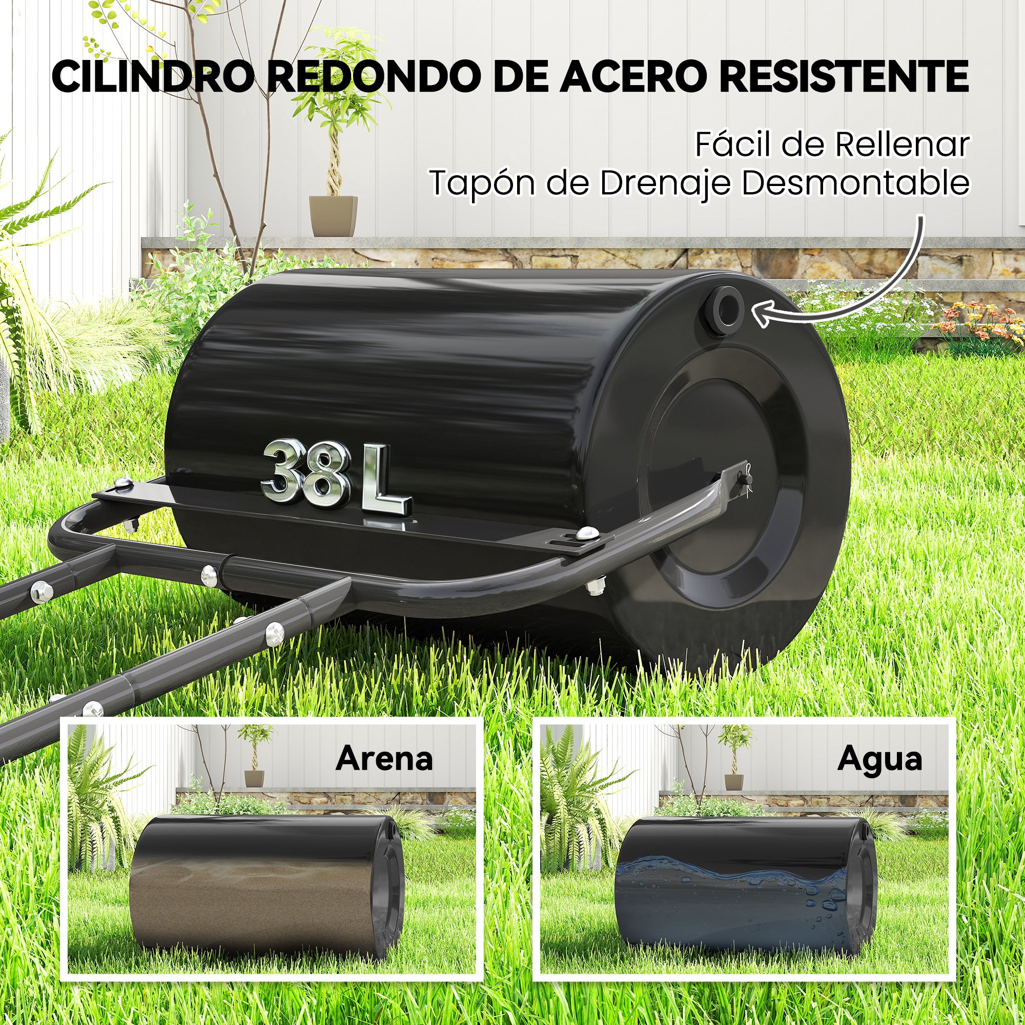 Rodillo de césped de acero negro de 38L sobre césped verde, con opciones de llenado de arena o agua.