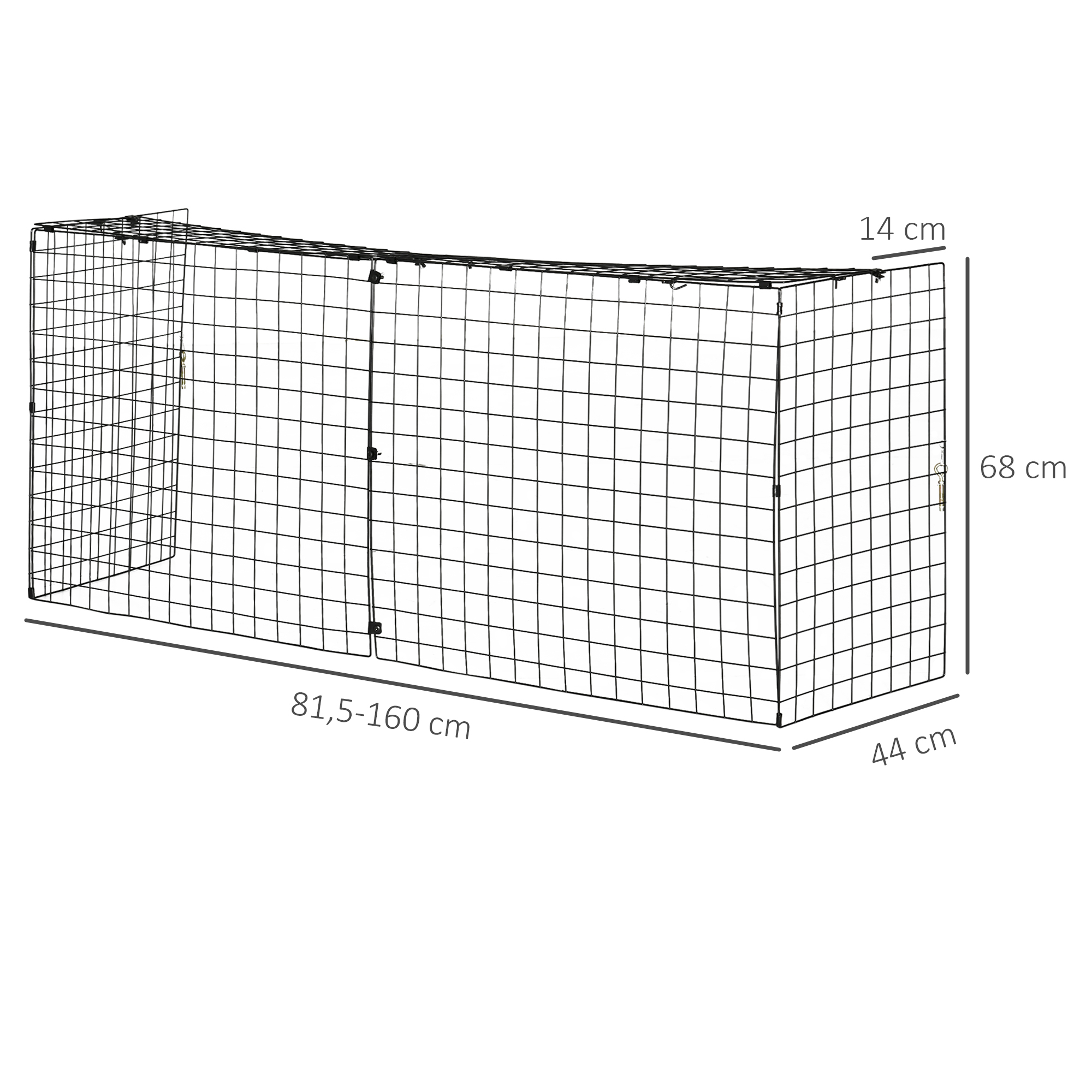 Diagrama de un recinto de malla metálica negra con dimensiones: alto 68 cm, fondo 44 cm, largo 81,5 a 160 cm.