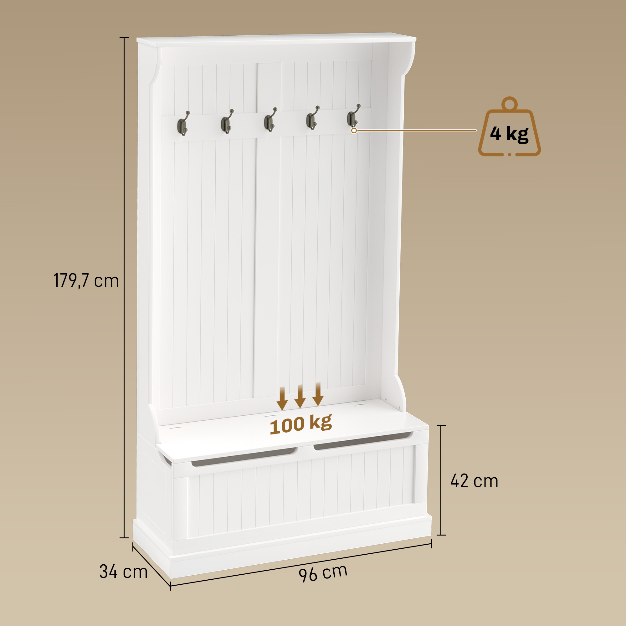 Mueble recibidor blanco con ganchos, banco y dimensiones.