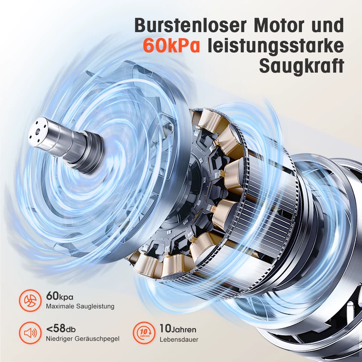 Ein detailliertes 3D-Diagramm eines bürstenlosen Motors mit wirbelnder blauer Luftstromgrafik.