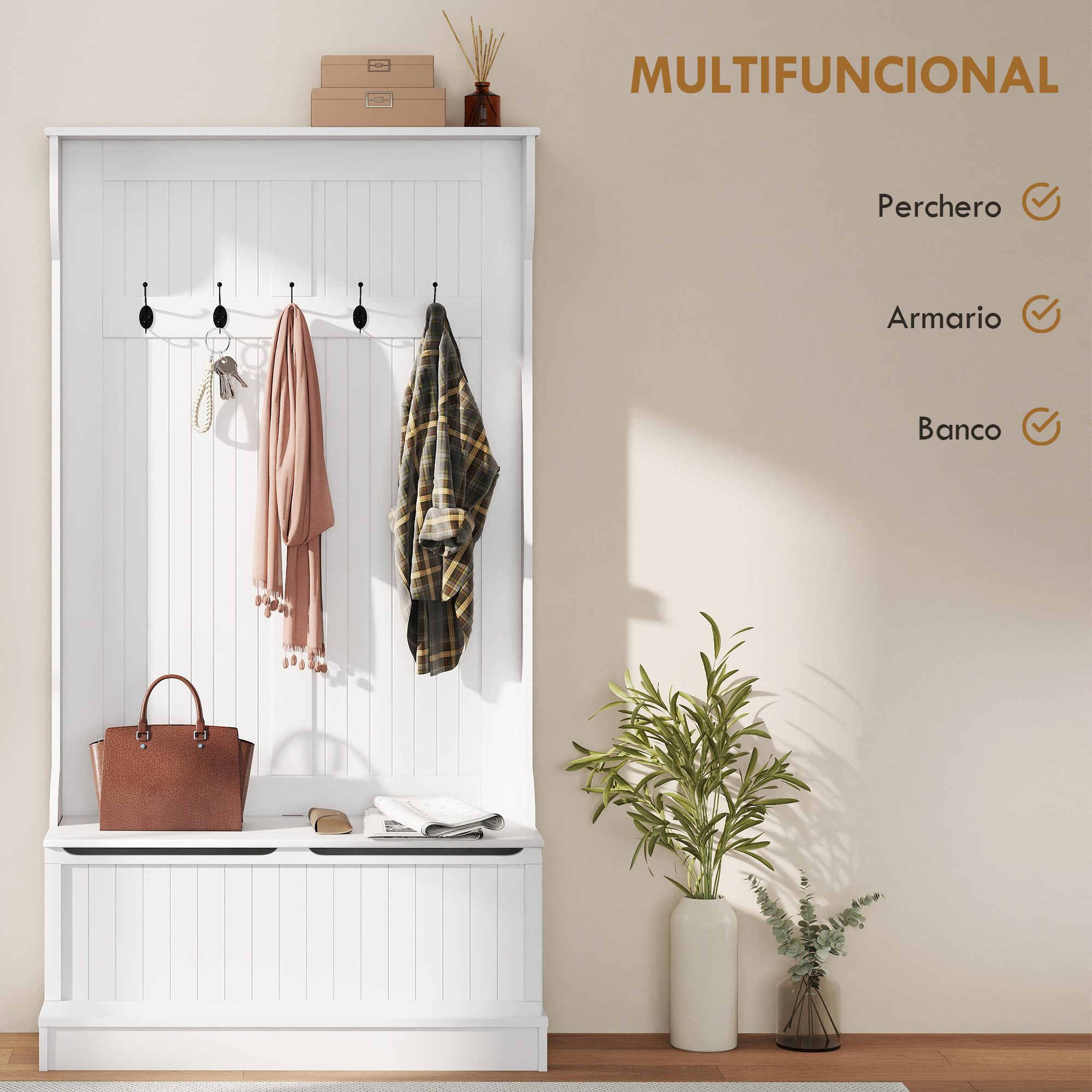 Perchero blanco con ganchos, banco y almacenamiento, ropa colgada, bolso y texto en la pared.