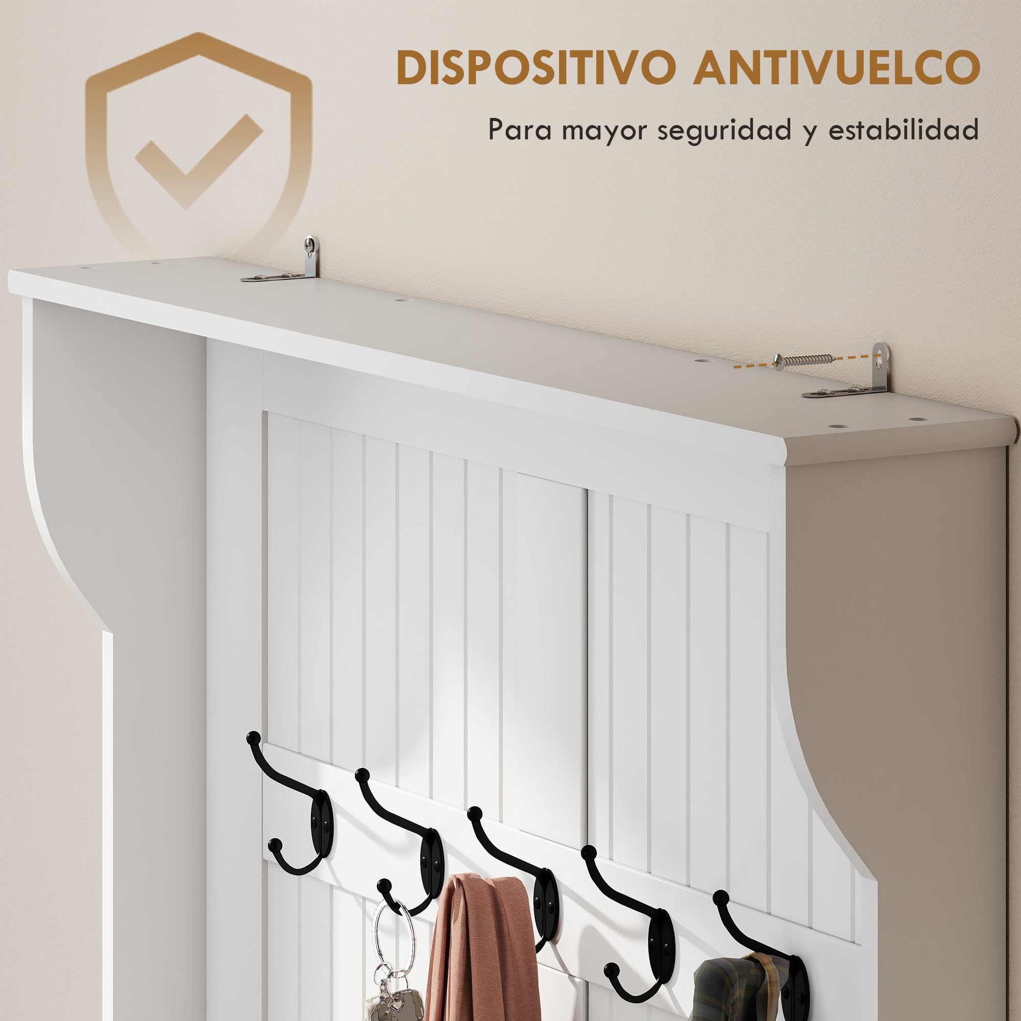 Perchero de pared blanco con cinco ganchos negros y un dispositivo antivuelco.