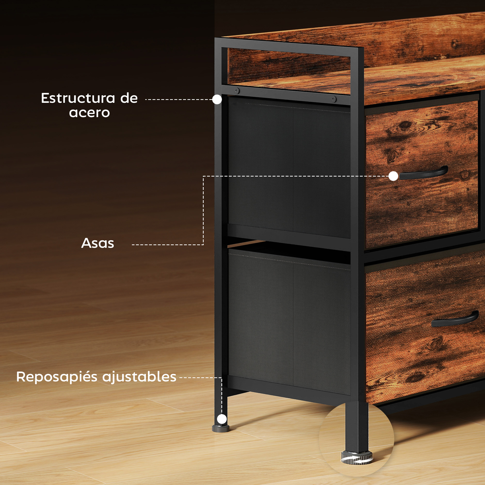 Mueble estilo industrial con estructura de acero negro, cajones de madera y pies ajustables sobre suelo de madera.