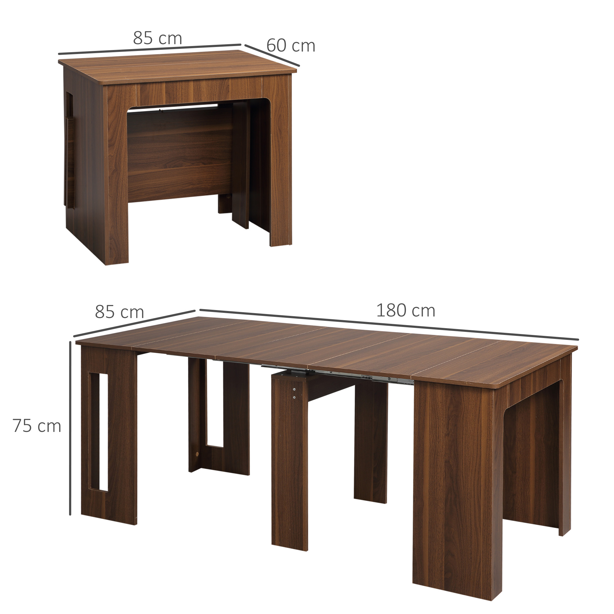 Una mesa de madera marrón extensible con medidas para estados plegados y extendidos.