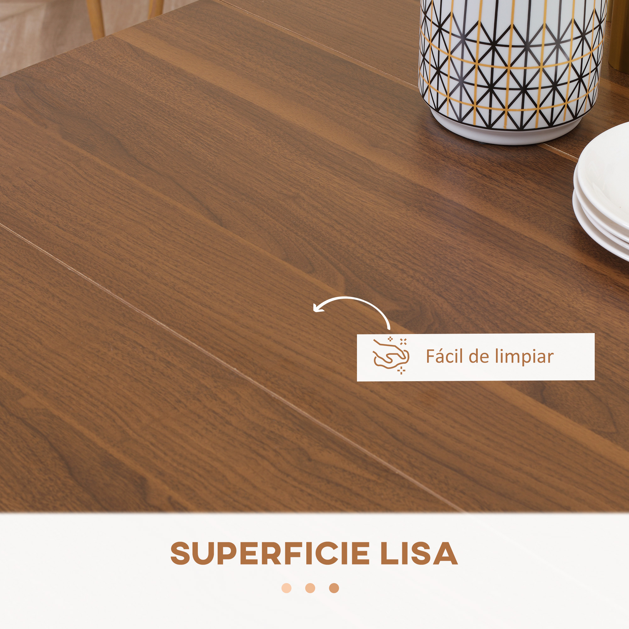 Mesa de comedor de madera marrón lisa y fácil de limpiar con taza estampada.