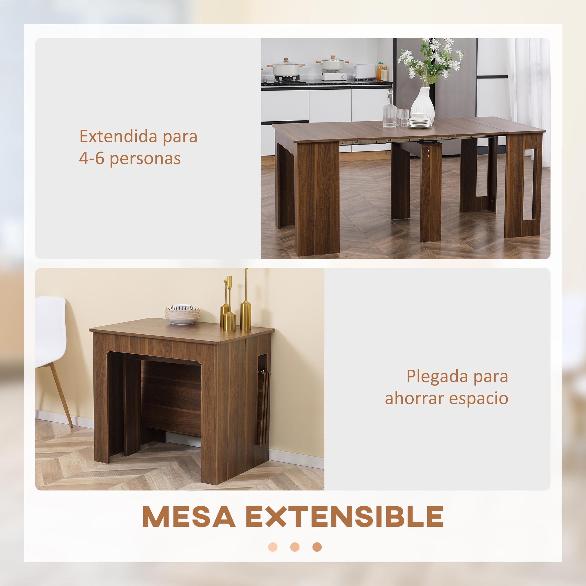 Mesa de madera extensible en una cocina, extendida arriba para 4-6 personas y plegada abajo para ahorrar espacio.