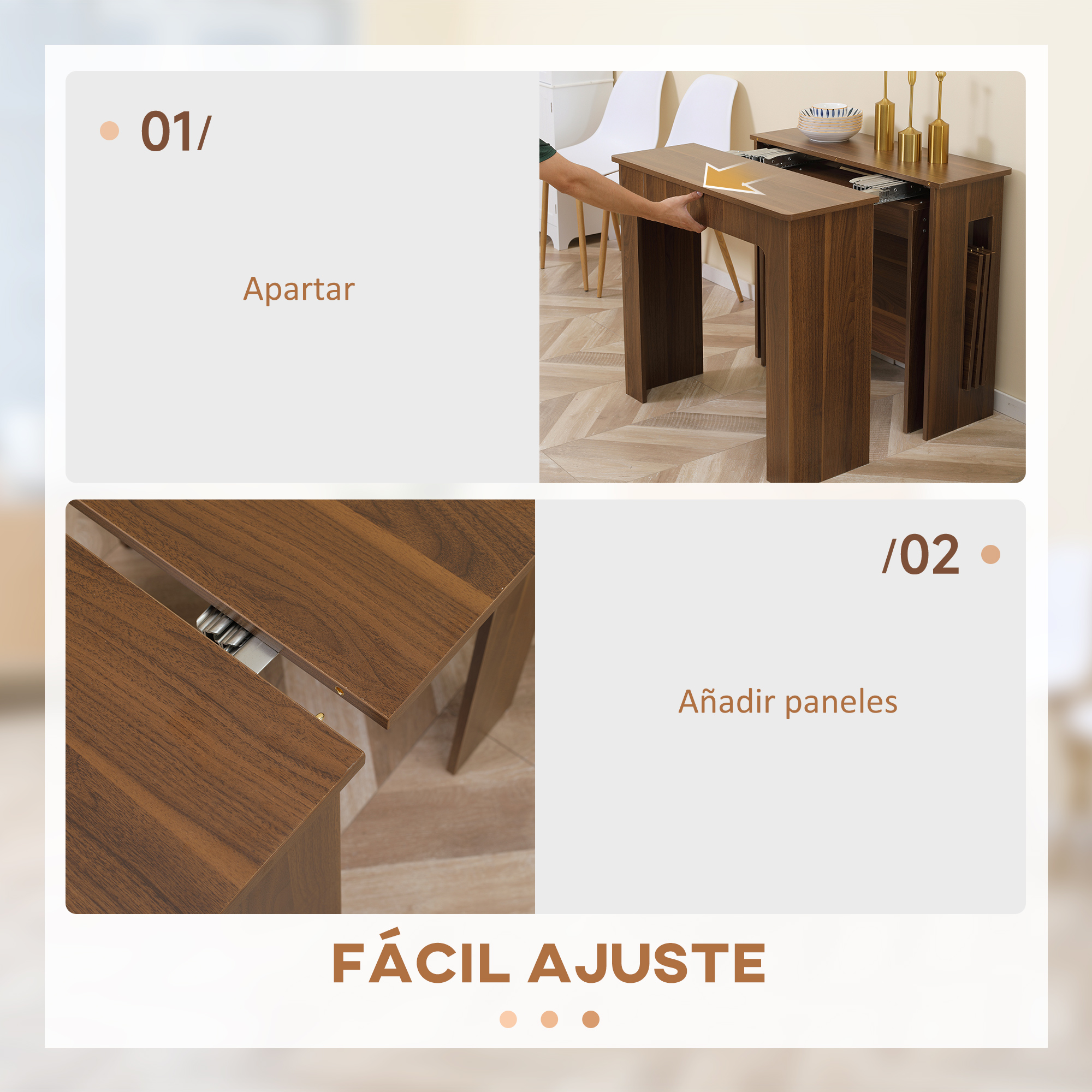 Imágenes instructivas que muestran cómo ampliar una mesa de madera marrón con guías metálicas.