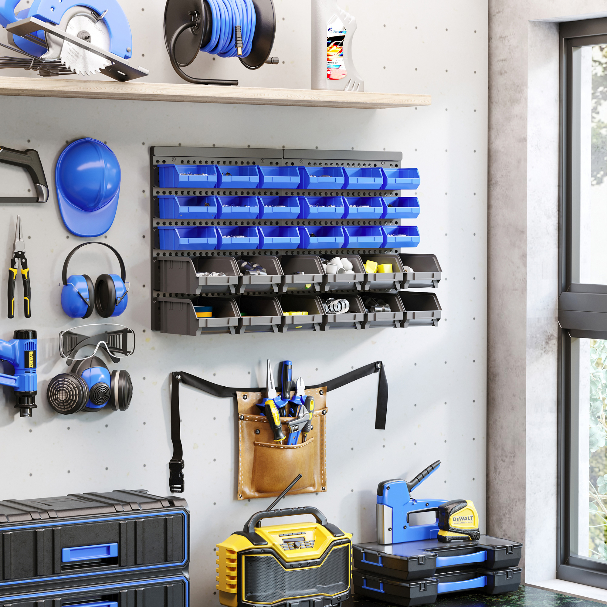 Una pared de taller con almacenamiento de herramientas con contenedores azules y grises, y herramientas colgadas.