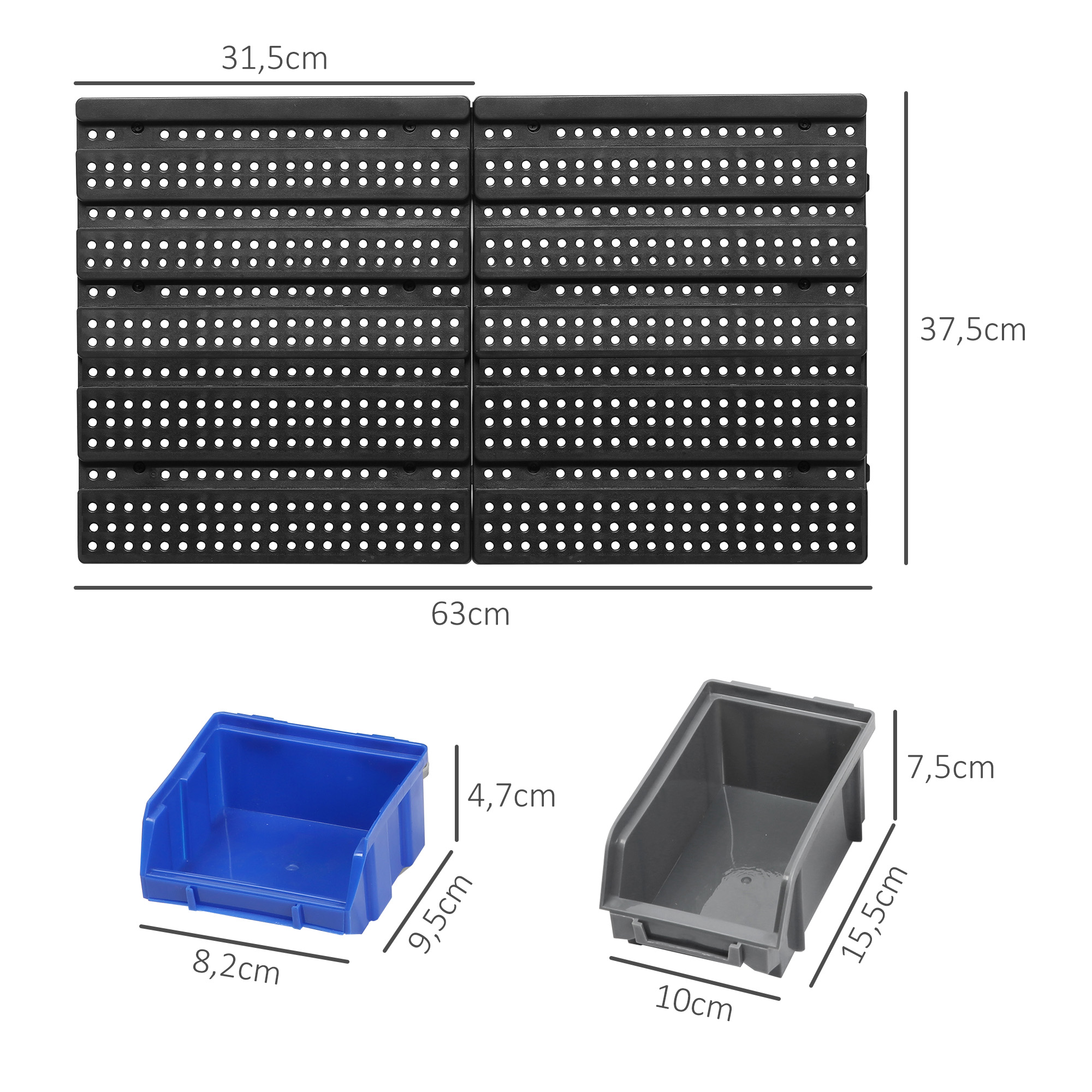 Dos paneles perforados negros y dos cajas de almacenamiento en azul y gris con dimensiones.