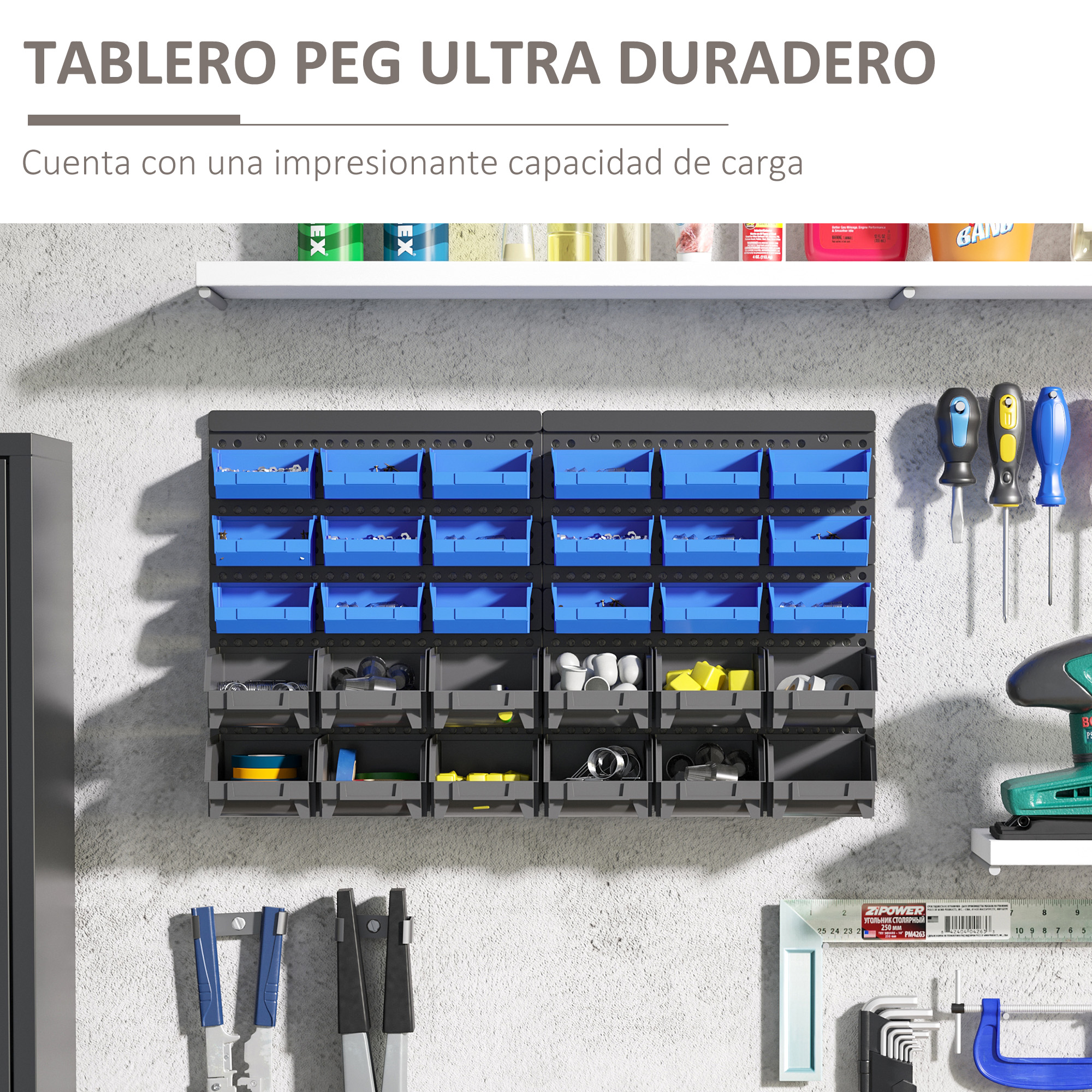 Organizador de pared con contenedores azules y grises para herramientas y suministros en un garaje.