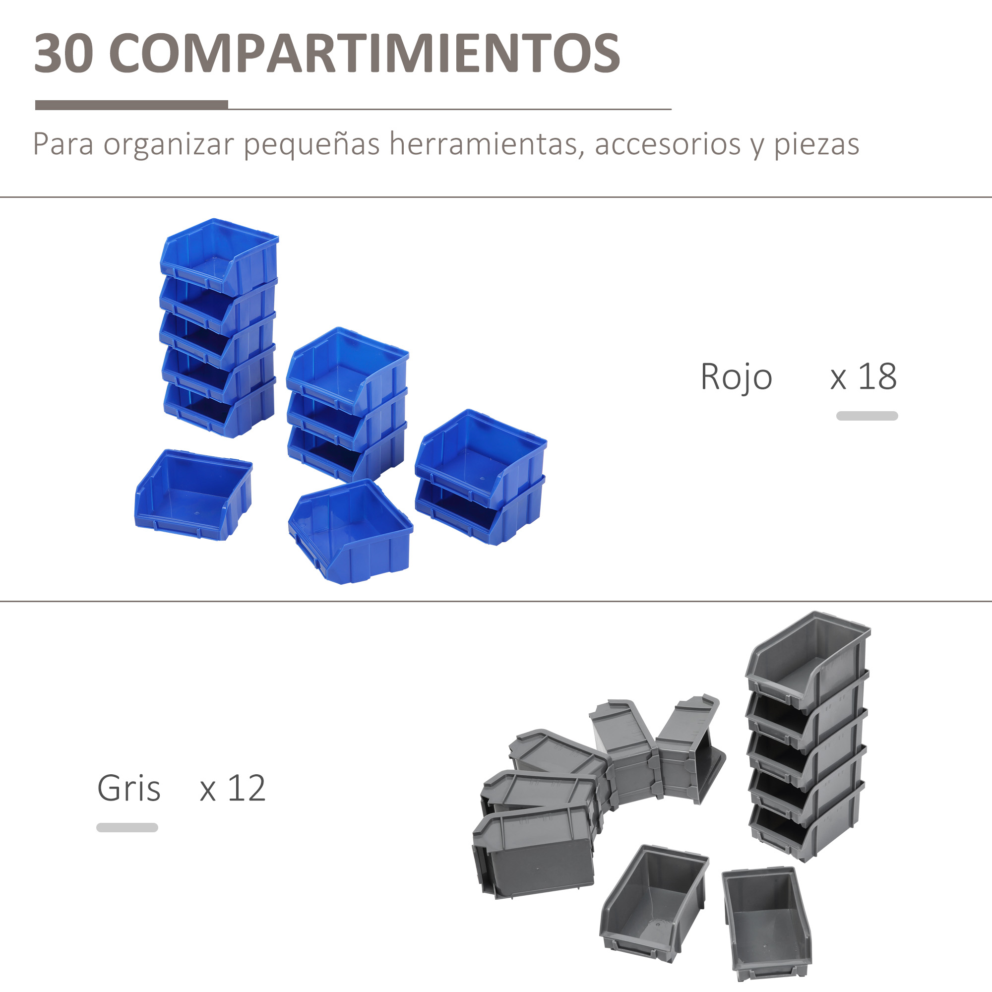 30 cajas de almacenamiento de plástico apilables azules y grises para herramientas sobre fondo blanco.
