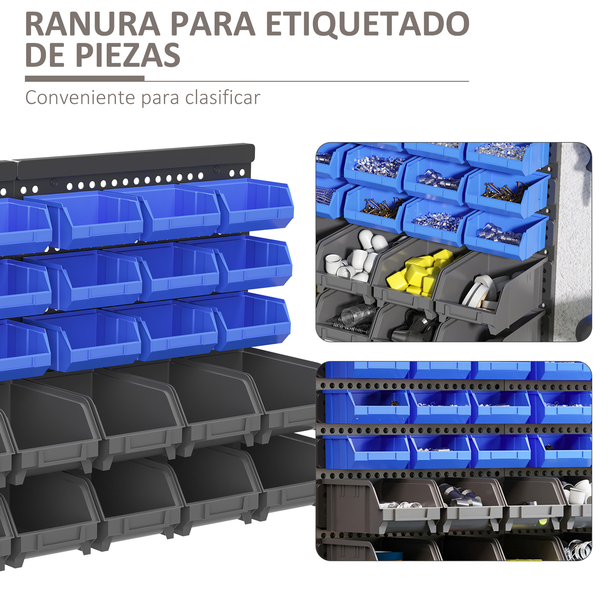 Sistema de almacenamiento de pared con contenedores apilables azules y grises para piezas.