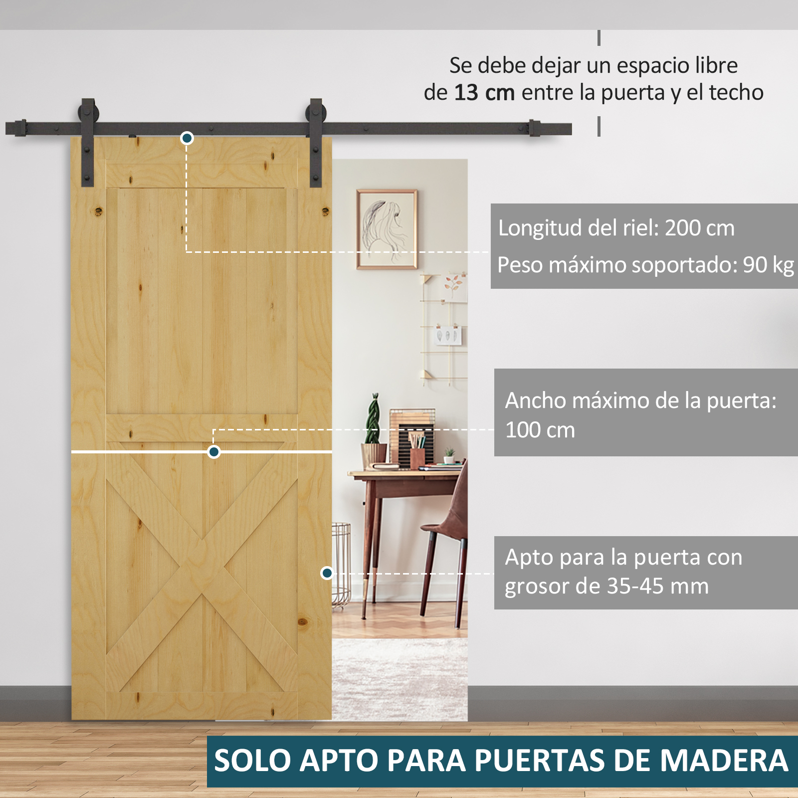 Puerta corredera de madera en riel negro con medidas en español.