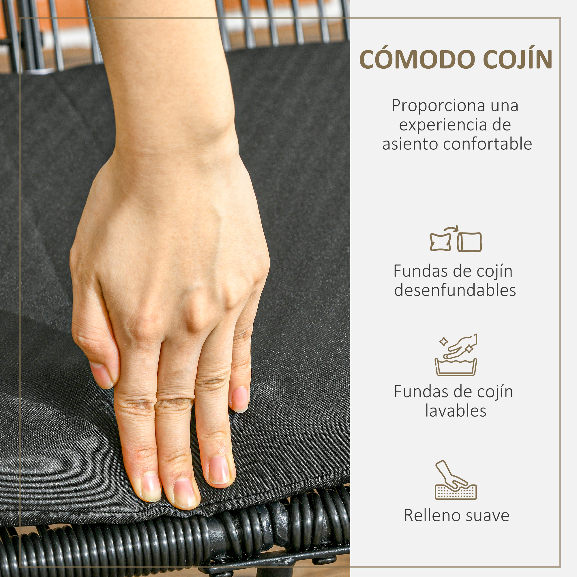 Mano presionando un cómodo cojín de silla negro con texto e iconos al lado.