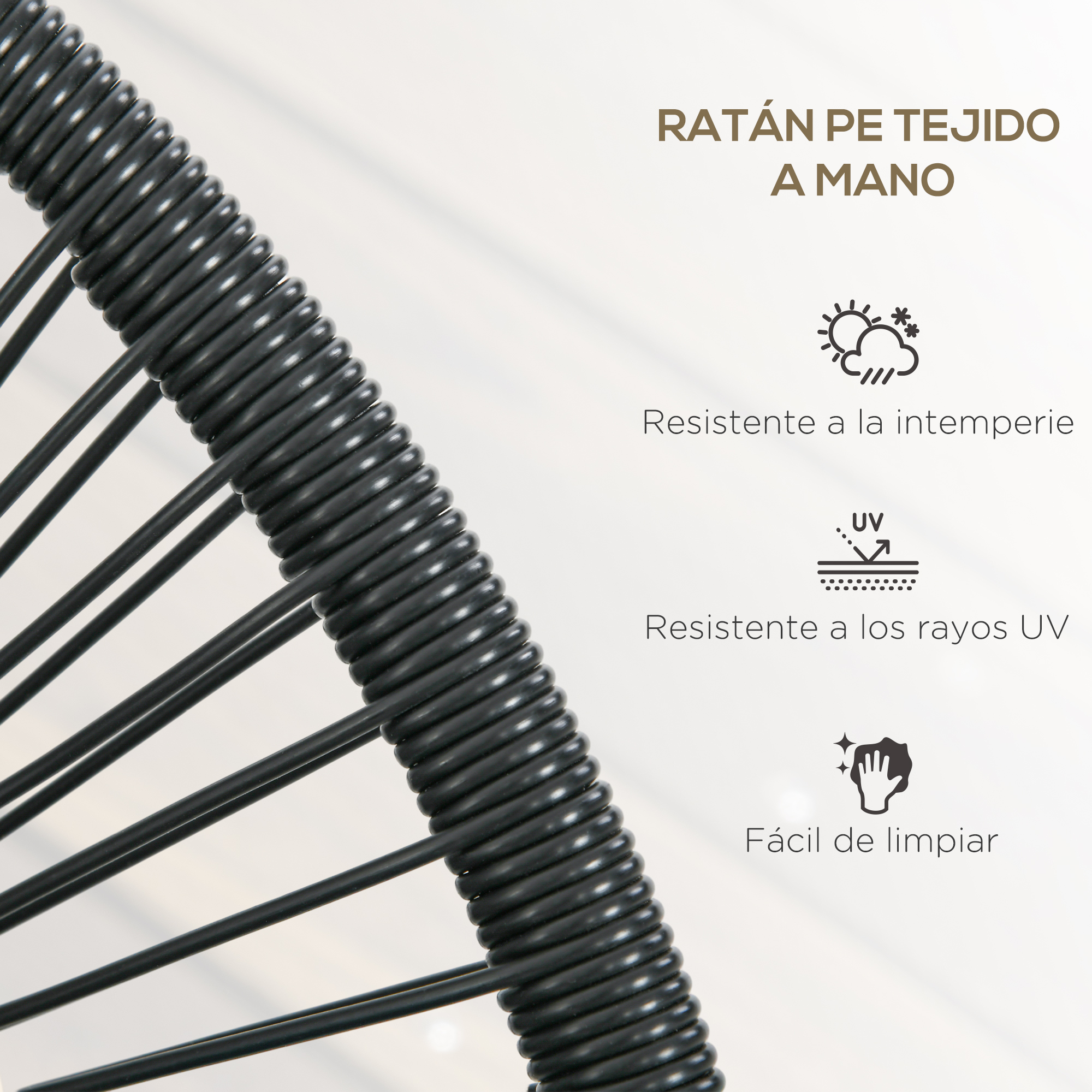 Primer plano de ratán PE negro con iconos de clima, resistencia UV y fácil limpieza.