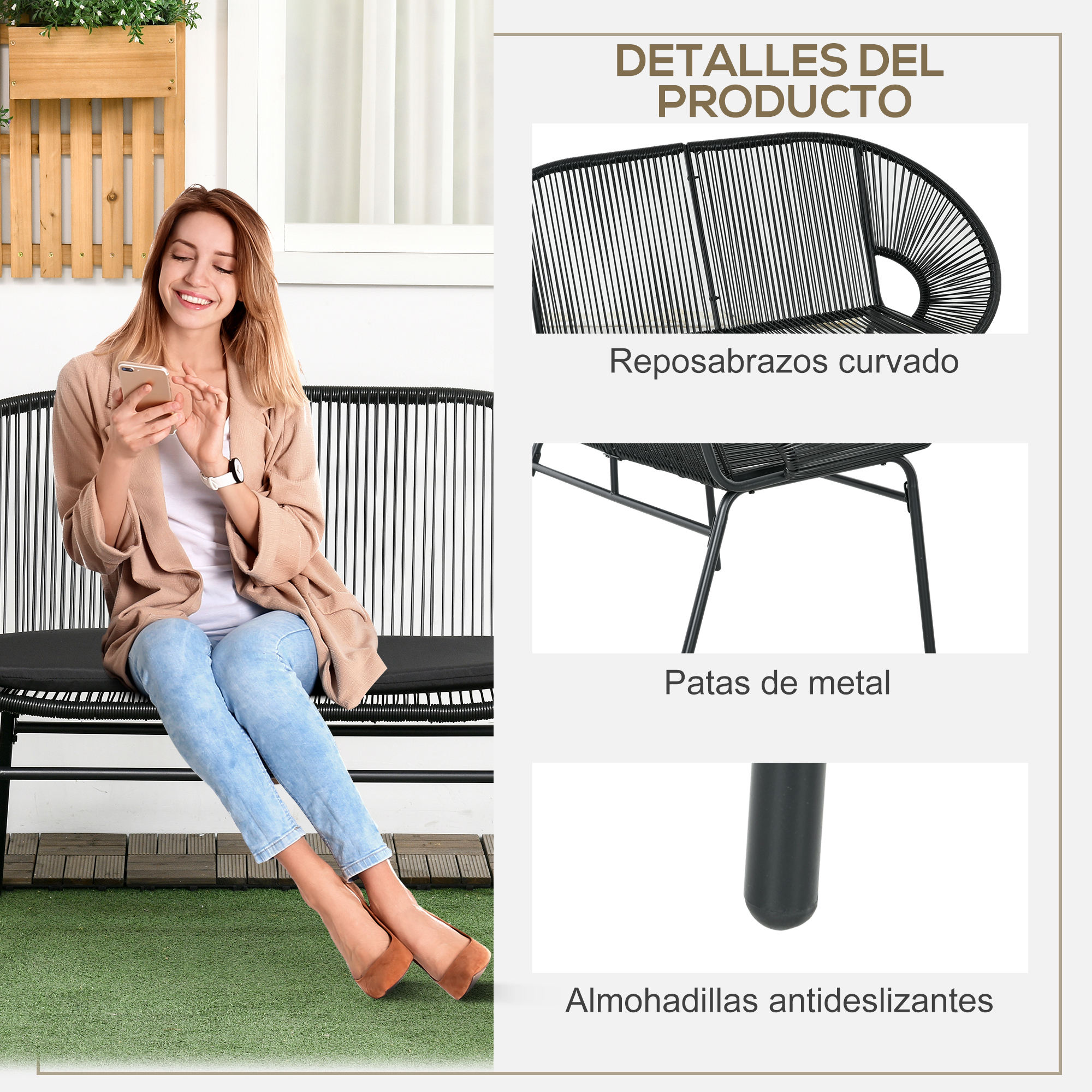 Una mujer sentada en un banco de jardín negro usa su smartphone; a la derecha se muestran detalles del producto.