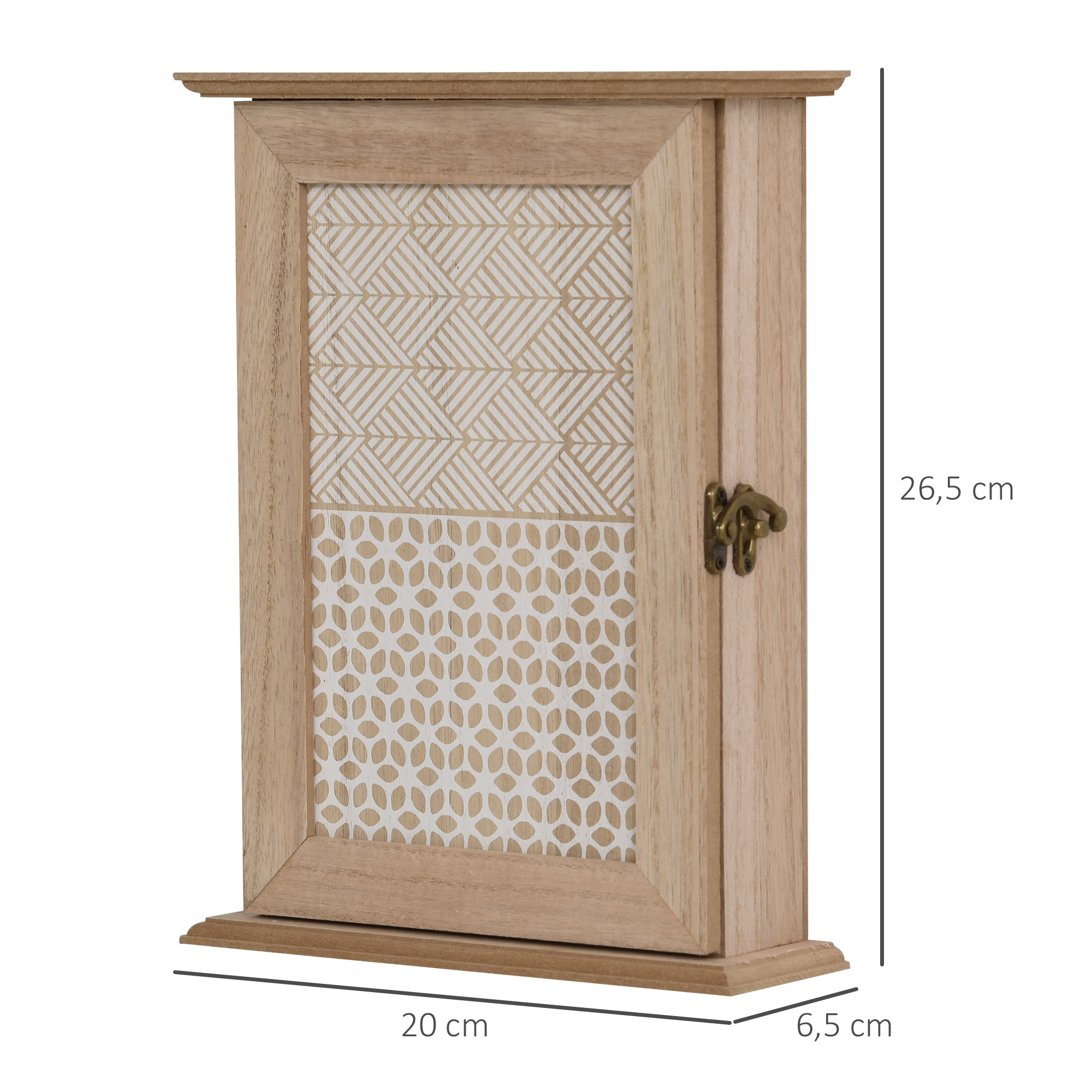 Un armario para llaves de madera con puerta de patrón geométrico, pestillo y dimensiones.