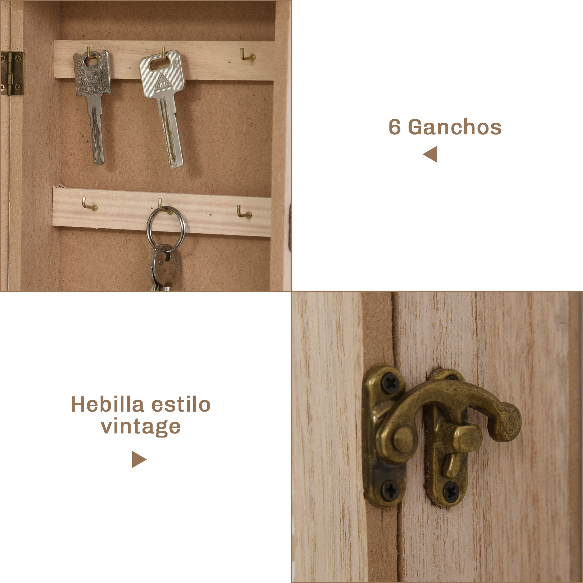 Un armario de llaves de madera con seis ganchos, llaves colgantes y una hebilla de estilo vintage en el lateral.