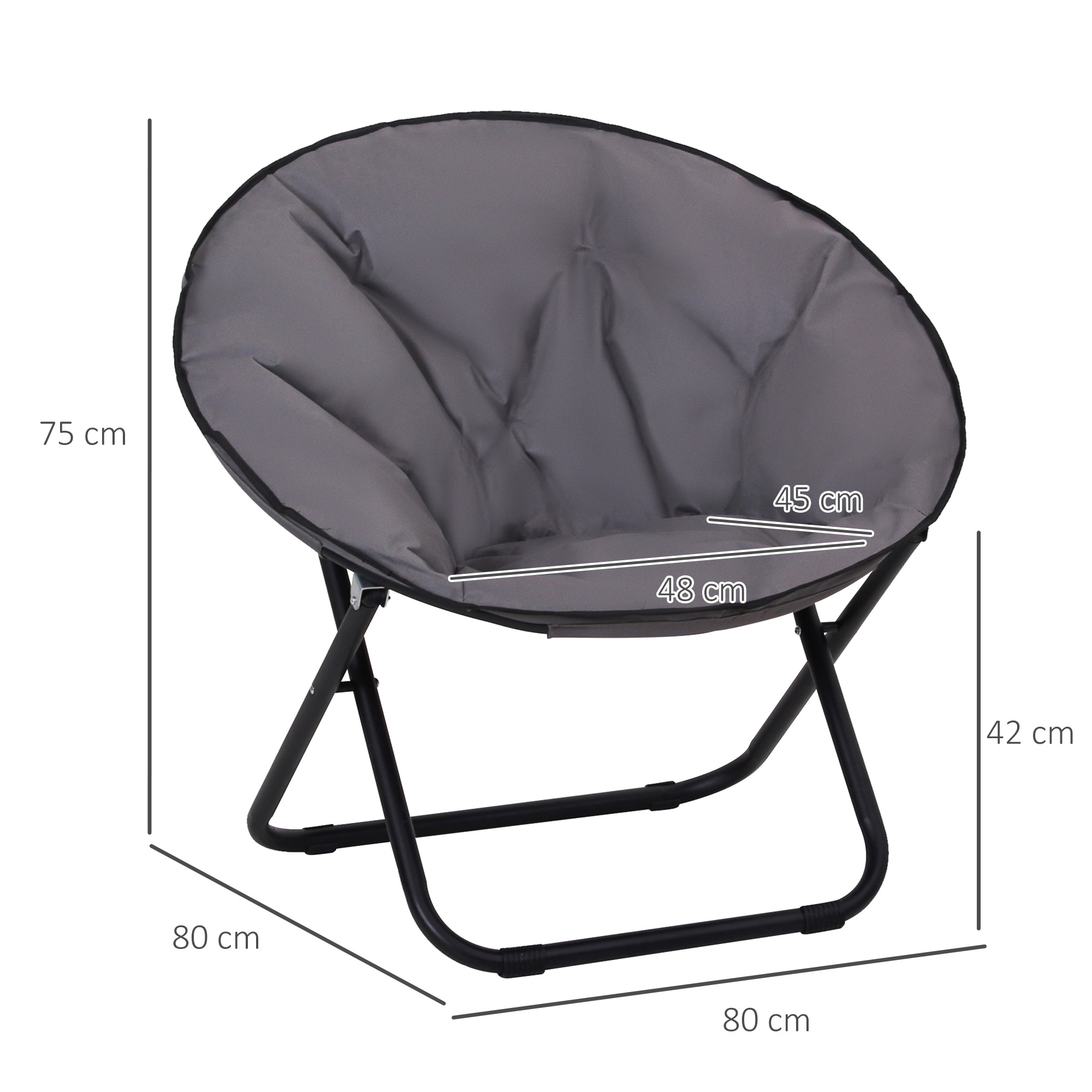 Una silla redonda y plegable gris con estructura de metal negro y etiquetas de dimensiones blancas.