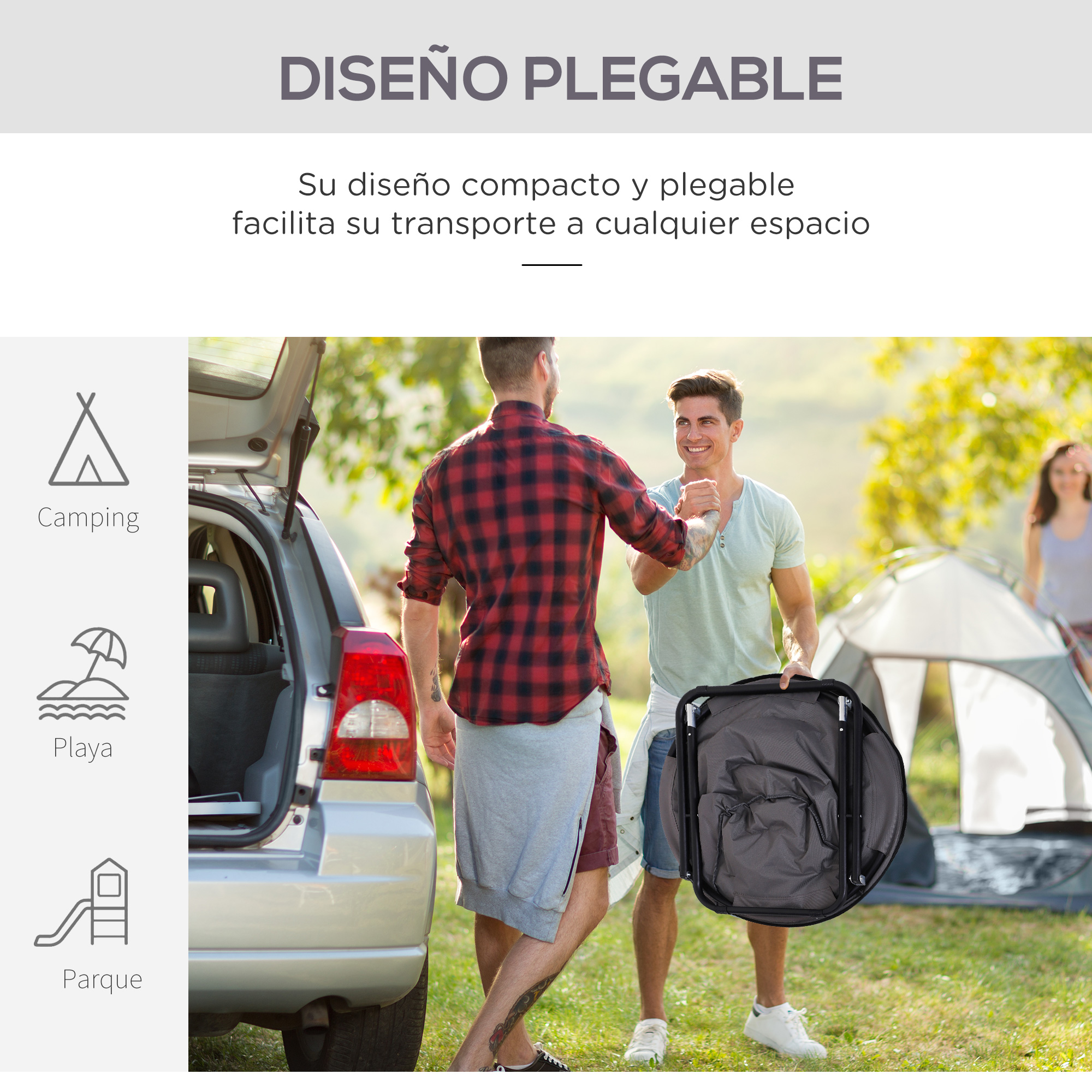 Dos hombres con una silla plegable junto a un coche y una tienda.