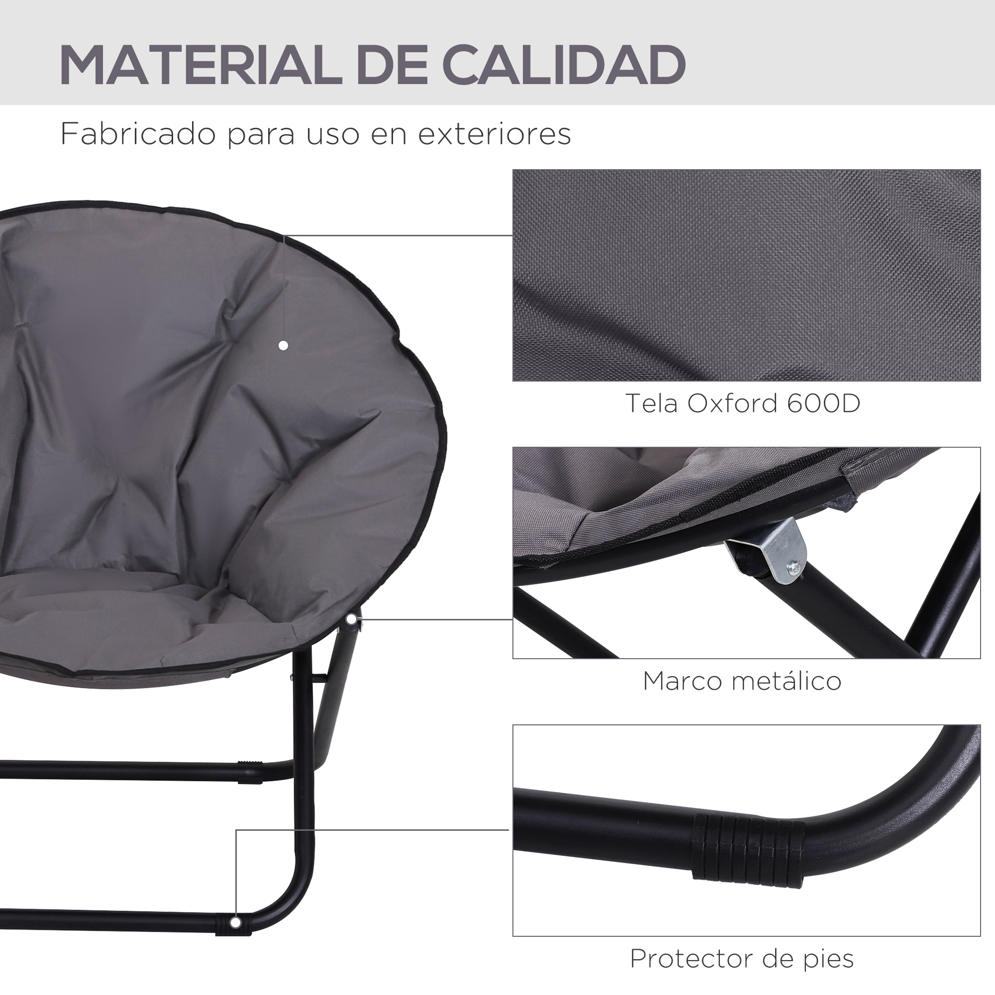 Silla luna gris con tela texturizada, estructura metálica y protectores de pies para exteriores.