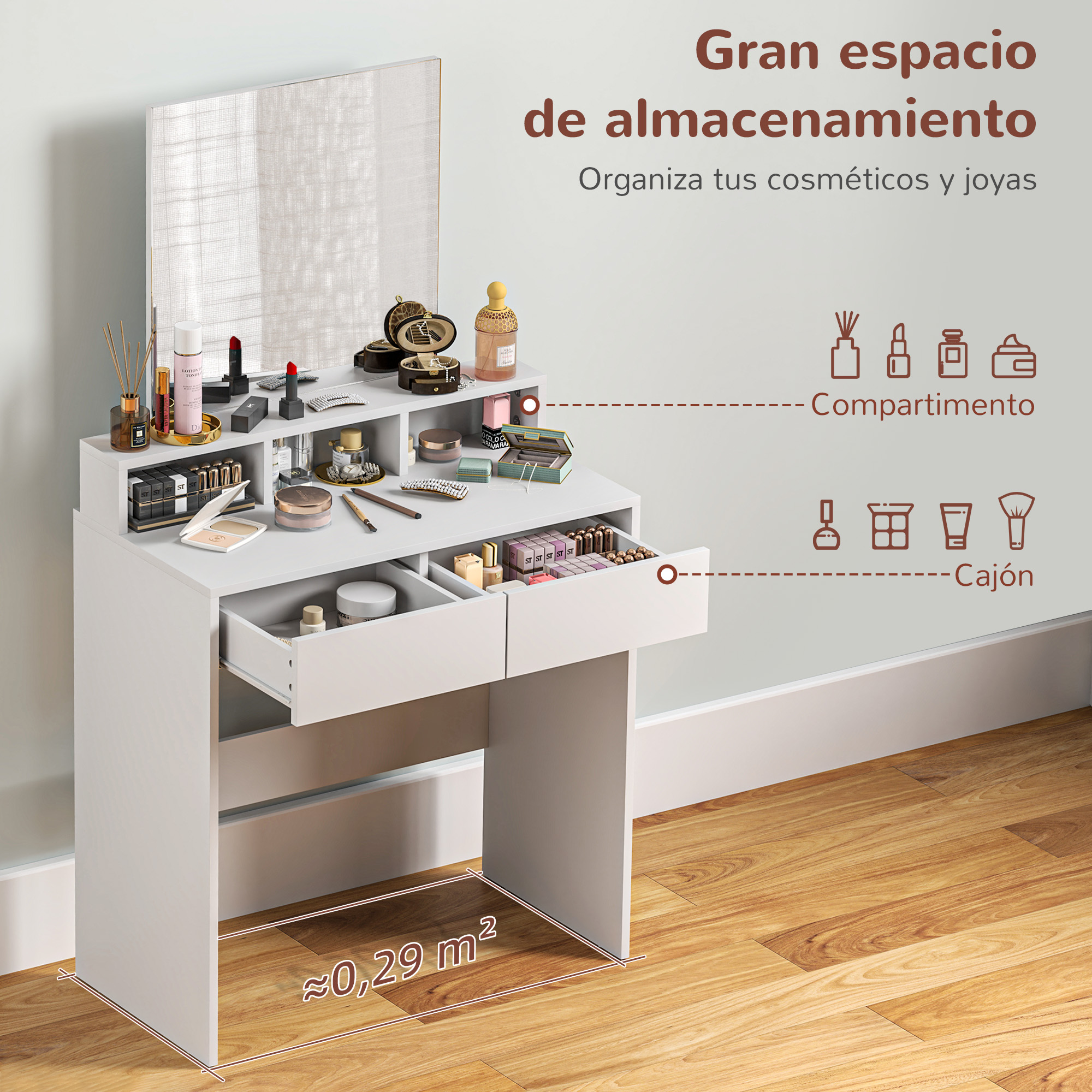 Tocador blanco con espejo, compartimentos abiertos y cajones llenos de cosméticos en suelo de madera.