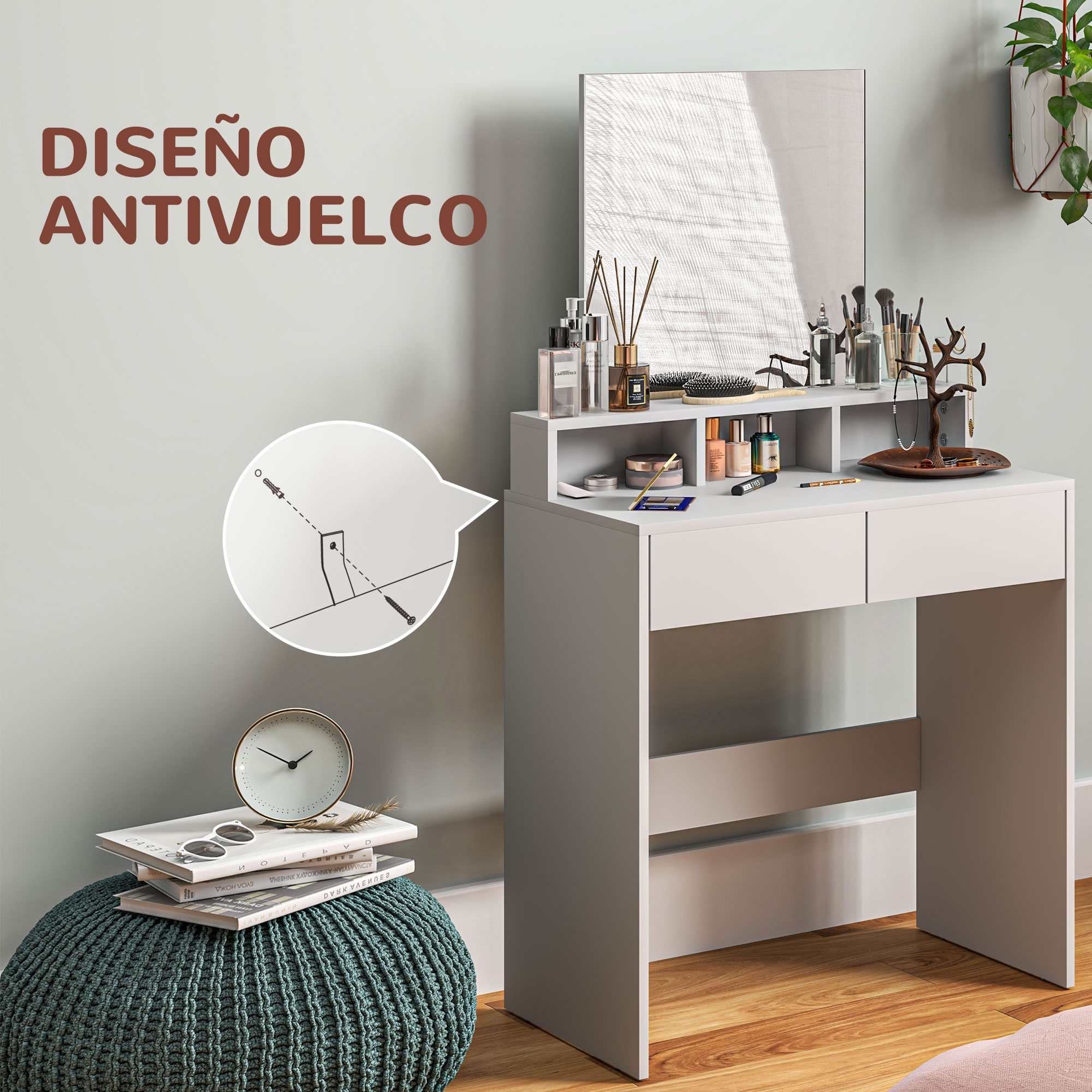 Tocador blanco moderno con espejo, cosméticos y taburete, con gráfico de diseño antivuelco.