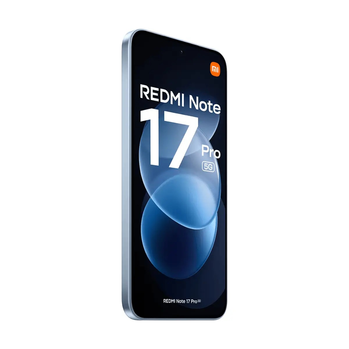 Ein blaues Xiaomi Redmi Note 17 Pro 5G Smartphone zeigt Text und blaue Kreise auf dem Bildschirm.