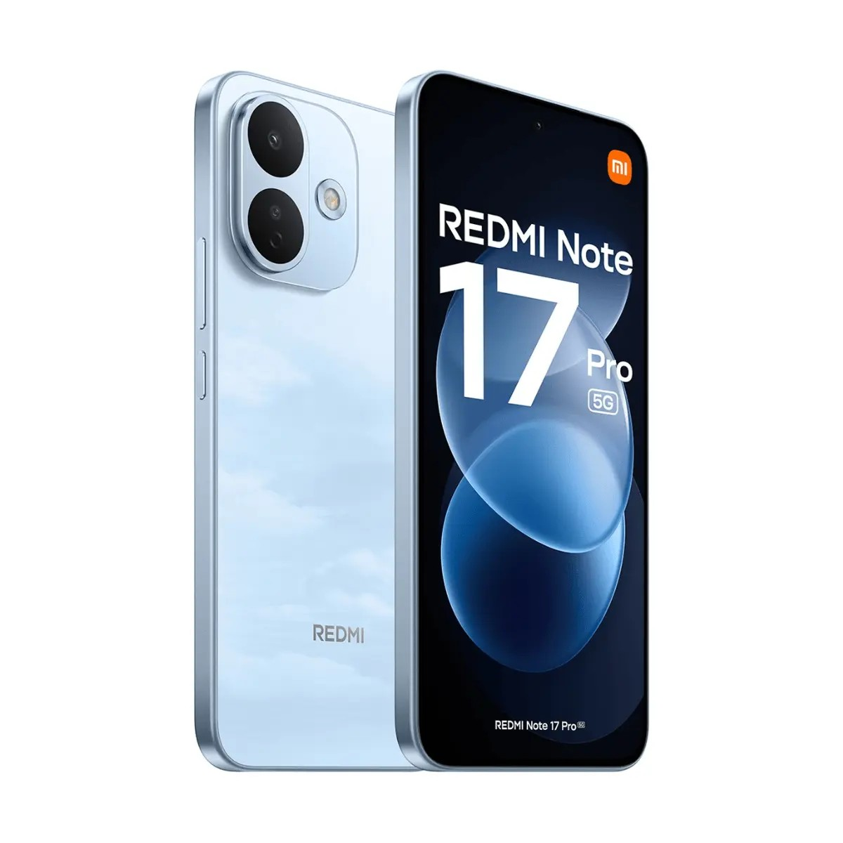 Hellblaues Redmi Note 17 Pro 5G Smartphone von vorne und hinten.