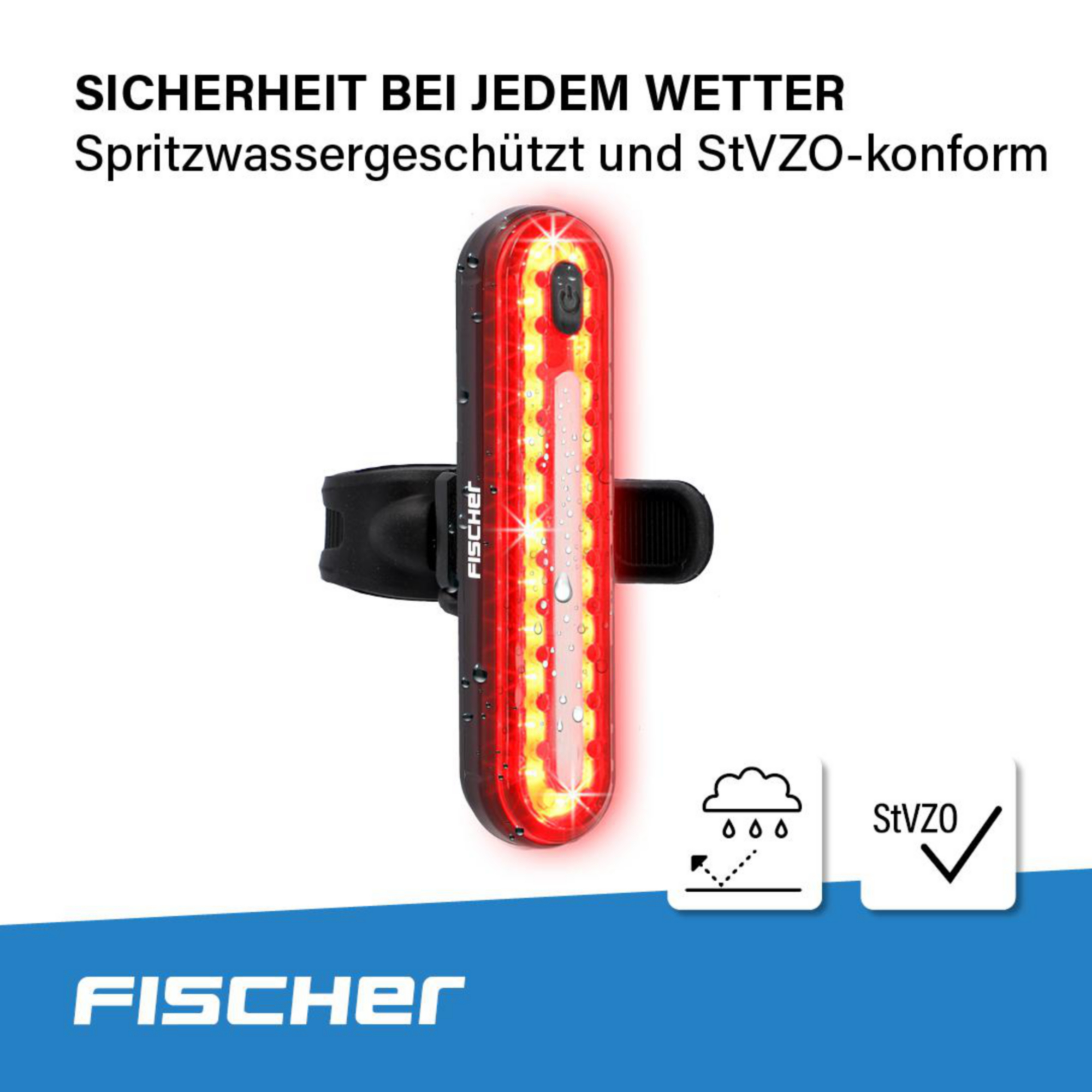 Wasserdichtes rotes LED-Fahrradrücklicht mit Halterung auf weißem Hintergrund mit Text.