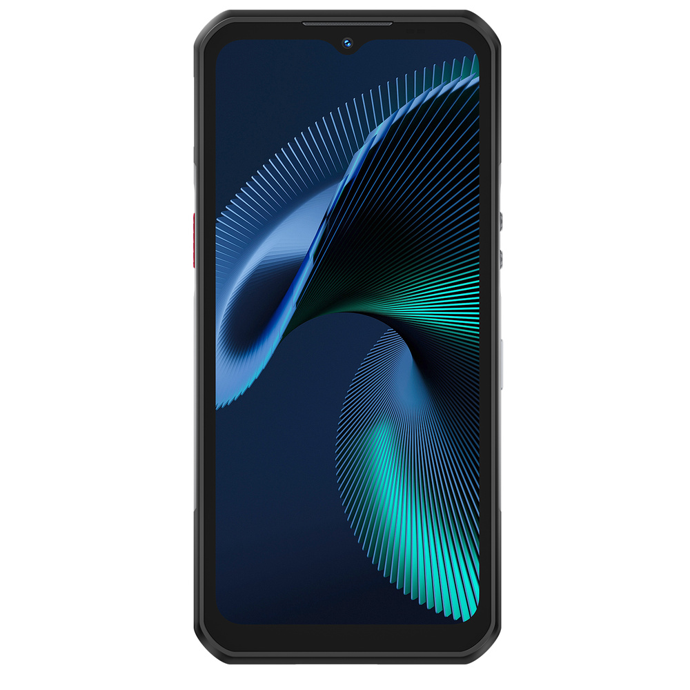 Czarny smartfon wyświetlający na ekranie niebiesko-zieloną abstrakcyjną tapetę w fale.